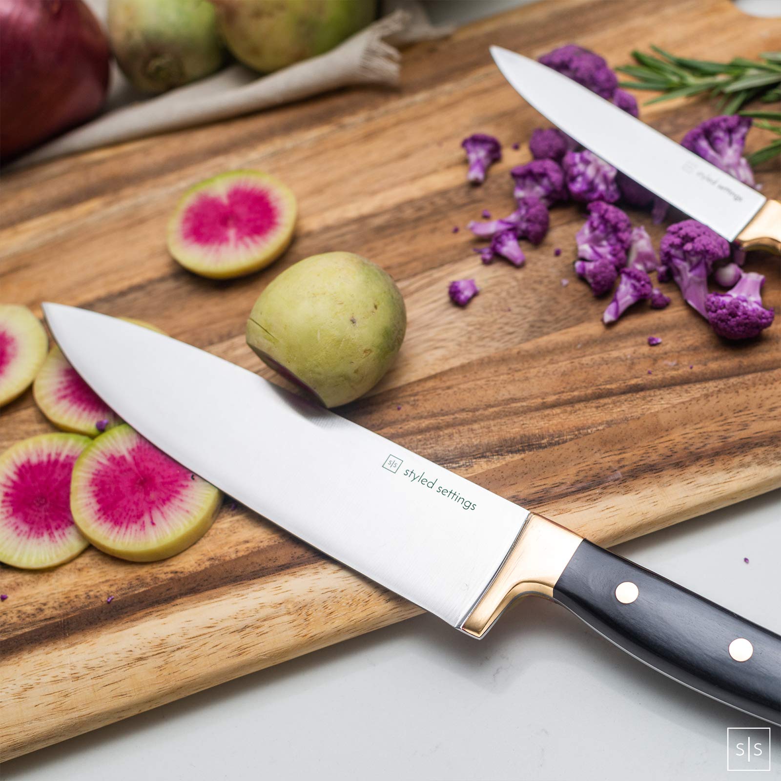 Premium 6-Piece Black & Gold Knife Set with Wooden Block & Sharpener - High-Quality Kitchen Knives for Professional Chefs & Home Cooking - Perfect for Meat Cutting, Vegetable Chopping & Gourmet Meal Prep