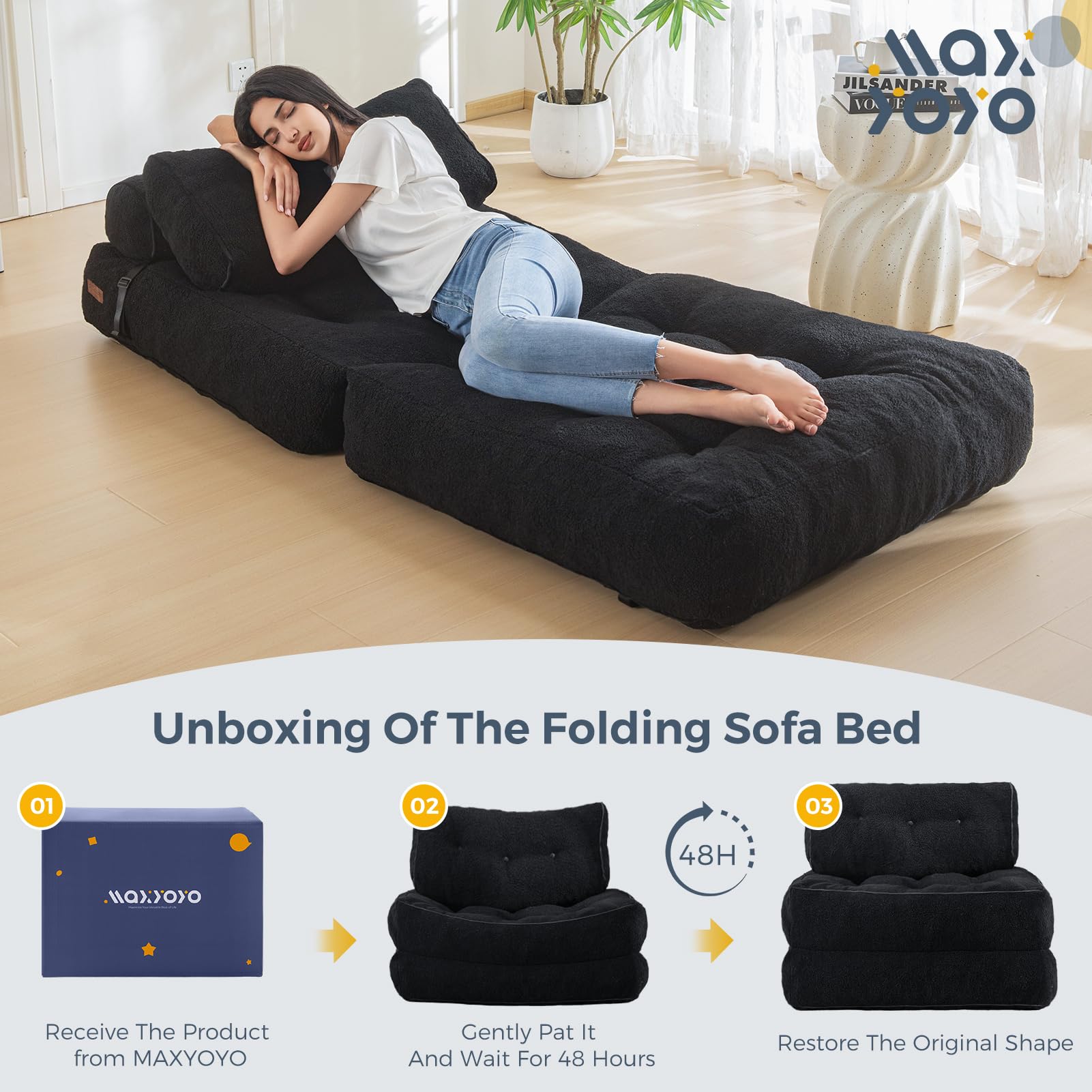 MAXYOYO Fuzzy Folding Sofa Bed - Convertible Sleeper Chair with Pillow & Foldable Mattress, Back Support for Living Room, Guest Room & Small Spaces (Black)