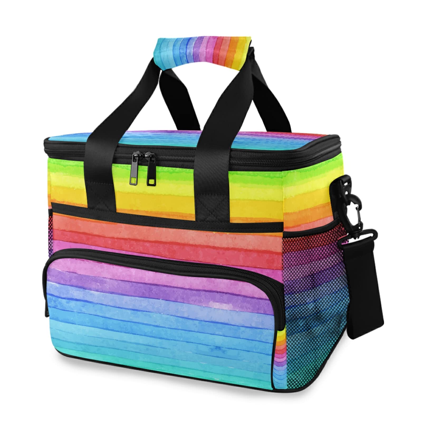 Hand Drawn Watercolor Rainbow Striped Insulated Lunch Cooler Bag - Large Capacity Adjustable Shoulder Strap Lunch Box for Women & Men - Perfect for Outdoor Picnics, Beach Trips, Work & School Lunch Storage