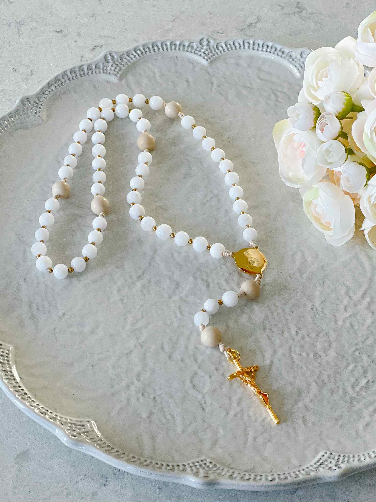 Lily Rosary Beads - Virgin Mary Purity Prayer Necklace for Catholic Devotion & Spiritual Gifts