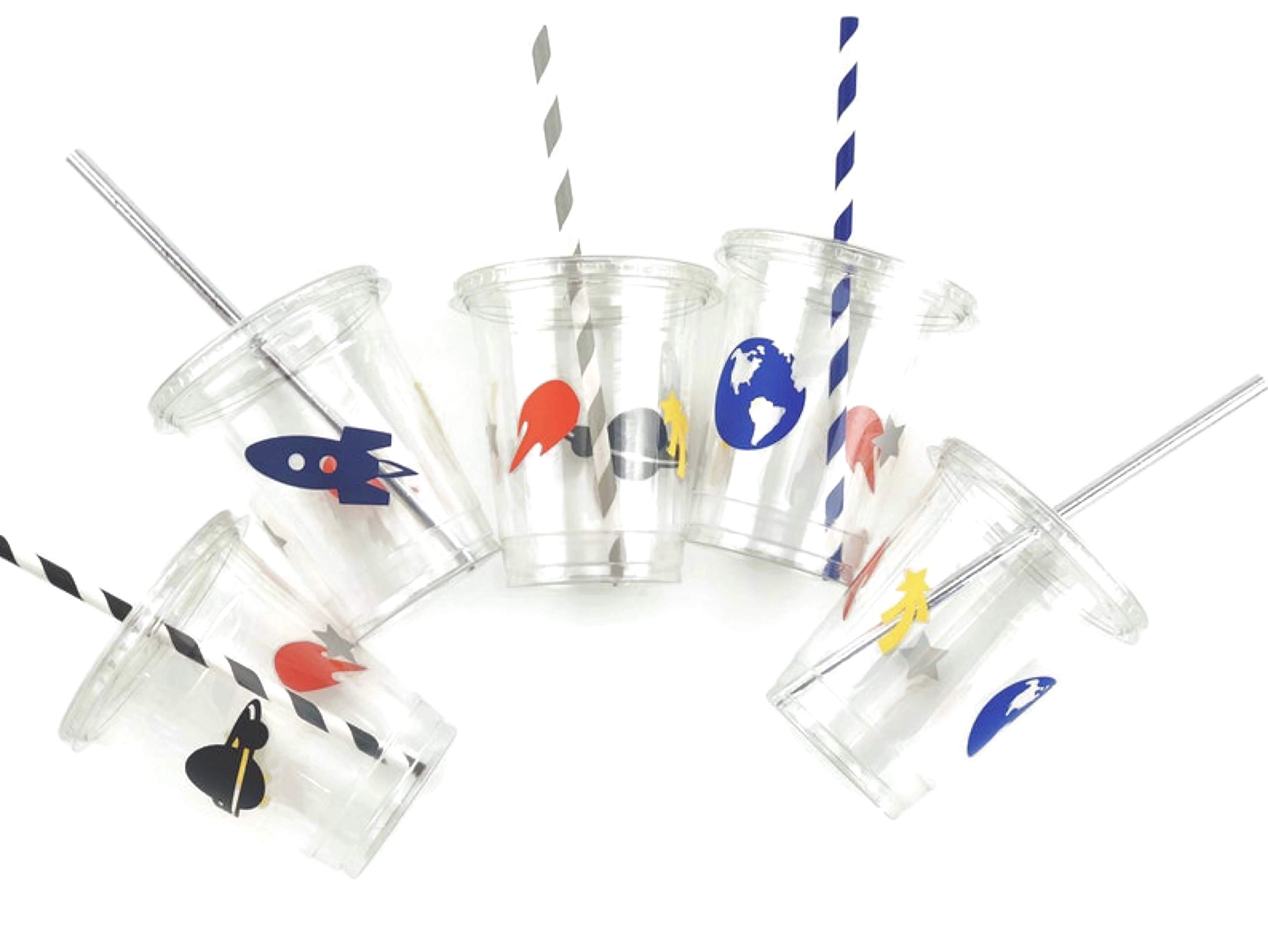 Galaxy Rocket Space Themed Disposable Cups with Lids & Straws - 12 Pack for Birthday Parties, Baby Showers, and Cosmic Events