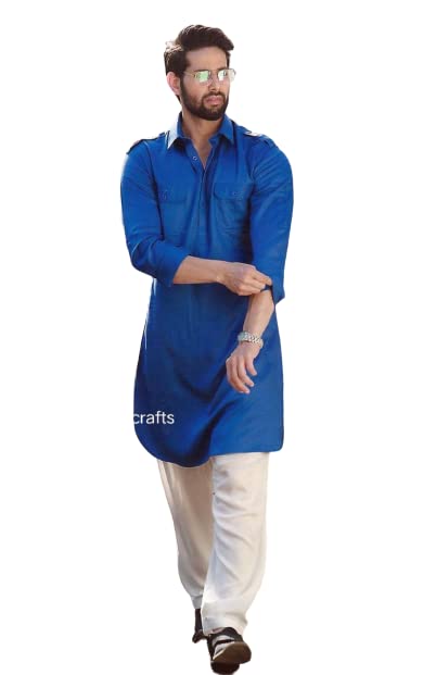 Men's Blue Indian Ethnic Kurta - Traditional Party Wear & Home Wear Plus Size Outfit for Festivals & Casual Occasions