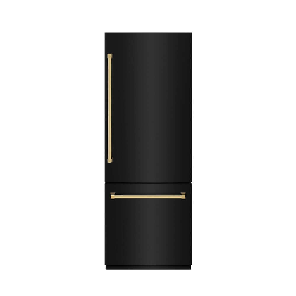 ZLINE Autograph Edition 30-Inch Built-In Bottom Freezer Refrigerator - 16.1 cu. ft. Capacity, Black Stainless Steel with Graphite Gray Interior & Gold Accents - Water Dispenser & Ice Maker - Perfect for Modern Kitchens & Open-Concept Homes (GRBIVZ BS 30 G)