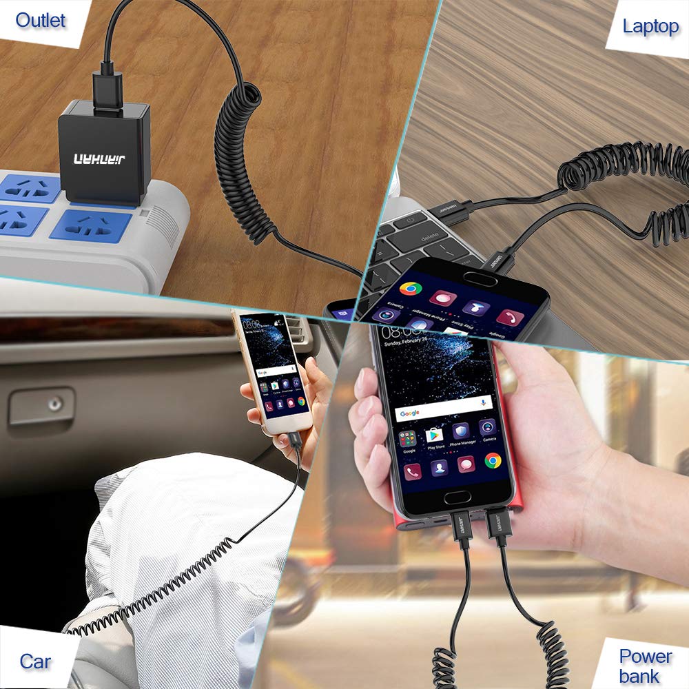 2-Pack 4ft Coiled USB C Fast Charging Cable for Car - Spring USB Type C Charger Compatible with Samsung Galaxy S10/S9/S8/Note 8/9, LG G7/G6/G5, Google Pixel 2 - Durable & Tangle-Free (Black) - Perfect for Road Trips & Daily Commuting