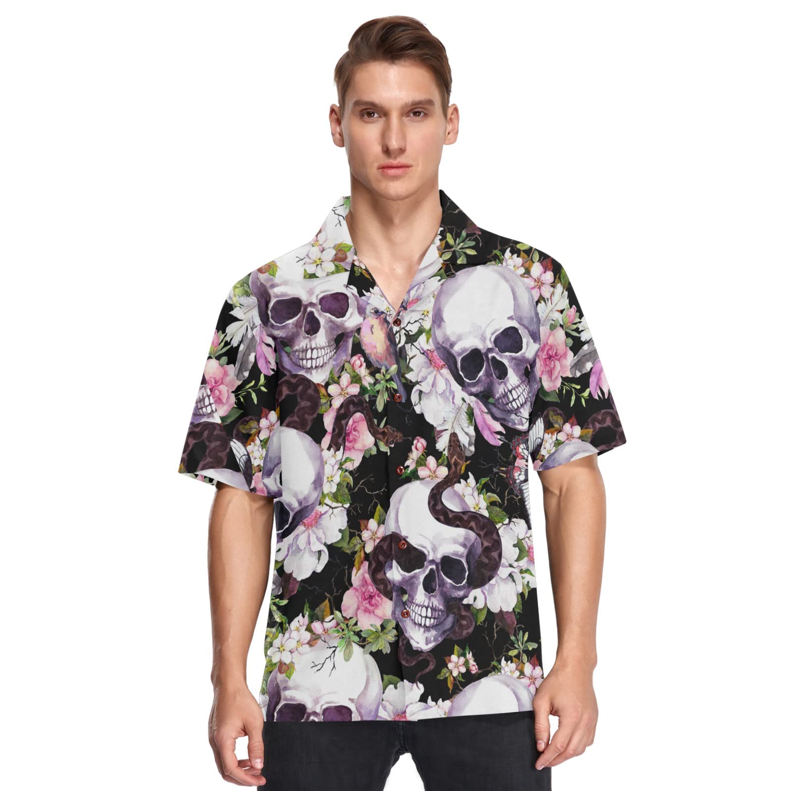 Skull Skeleton Floral Men's Casual Button Down Hawaiian Shirt - Stylish Short Sleeve Summer Shirt for Beach, Party & Vacation - Size S 2045248