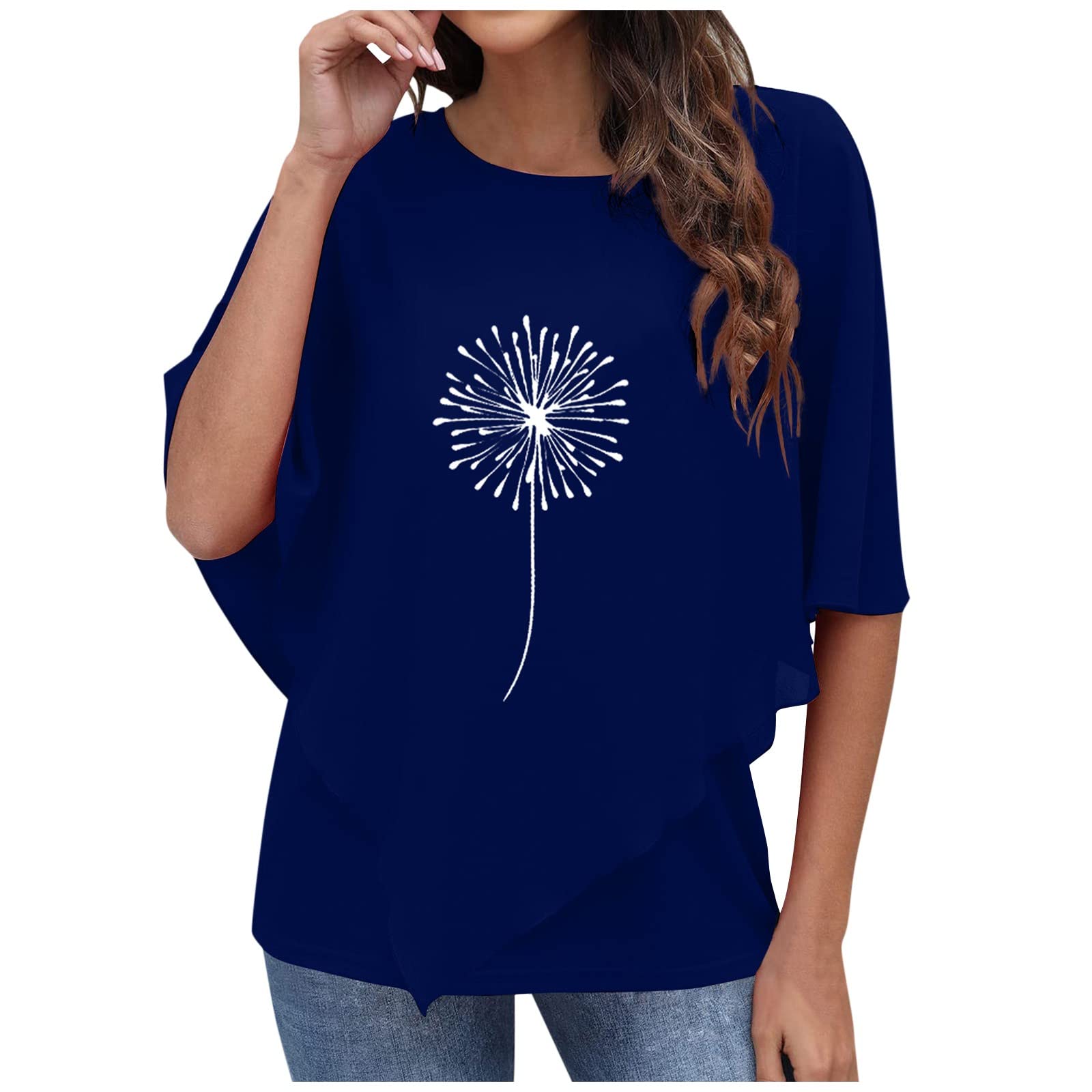 Women's Flowy Bat Sleeve Round Neck Irregular Hem T-Shirt - Casual Blouse for Ladies | Perfect for Summer Outfits, Beach Wear & Boho Fashion