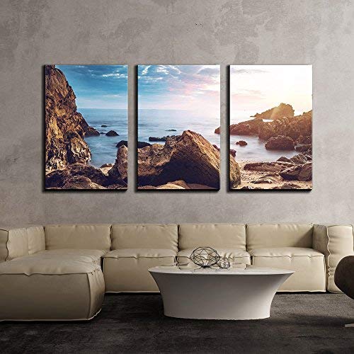wall26 - 3 Piece Canvas Wall Art - Sunset Seascape with Rock Formations - Modern Stretched Framed Ready to Hang Home Decor - 16