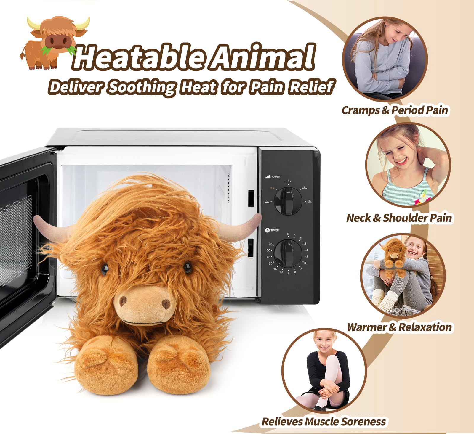 Heatable Highland Cow Plush Toy - Microwaveable Stuffed Animal for Pain Relief & Stress, Lavender Scented Warmable & Coolable Cow Plushie for Anxiety, Women & Kids | Perfect for Bedtime, Cramp Relief & Relaxation