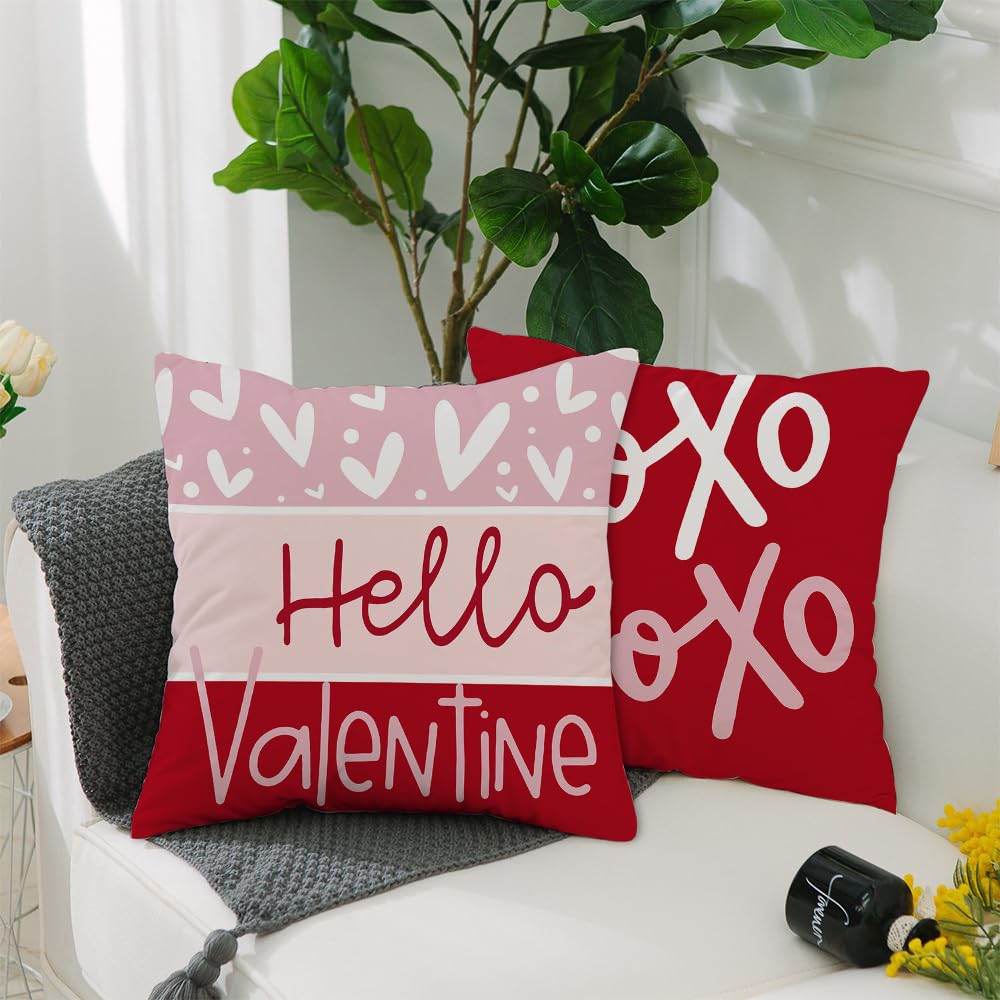 Valentine's Day Throw Pillow Covers 18x18 Inch Set of 4 - Red Heart XOXO Striped Farmhouse Decorative Cushion Cases for Home, Wedding & Couples Gift | Perfect for Sofa, Bedroom Decor & Romantic Gifts