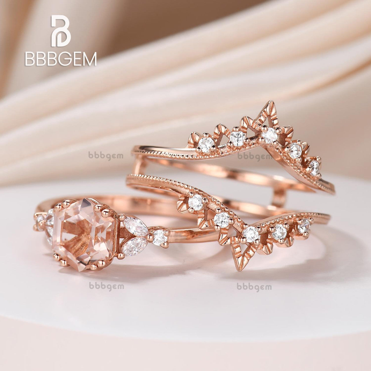 Vintage Natural Morganite Hexagon Ring Set with Diamond Accents & Open Milgrain Enhancer Band in Rose Gold - Perfect for Engagement, Wedding, Anniversary & Special Occasions
