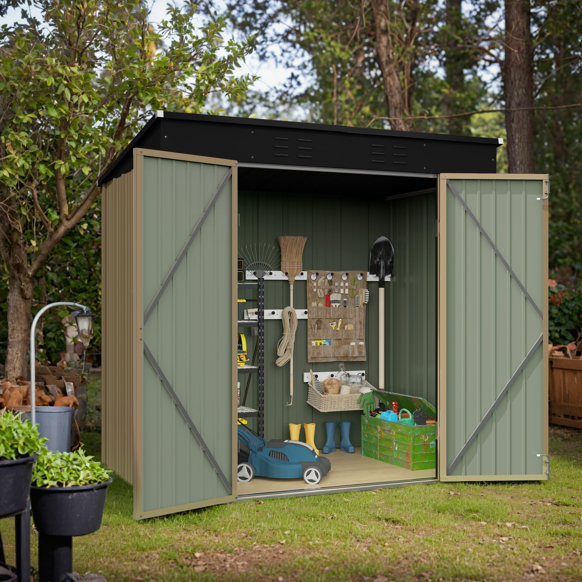 Devoko 6x8 FT Outdoor Metal Storage Shed - Garden Tool Shed with Sloped Roof for Patio, Lawn & Backyard Organization (Brown) | Perfect for Storing Lawn Mowers, Bikes & Seasonal Items