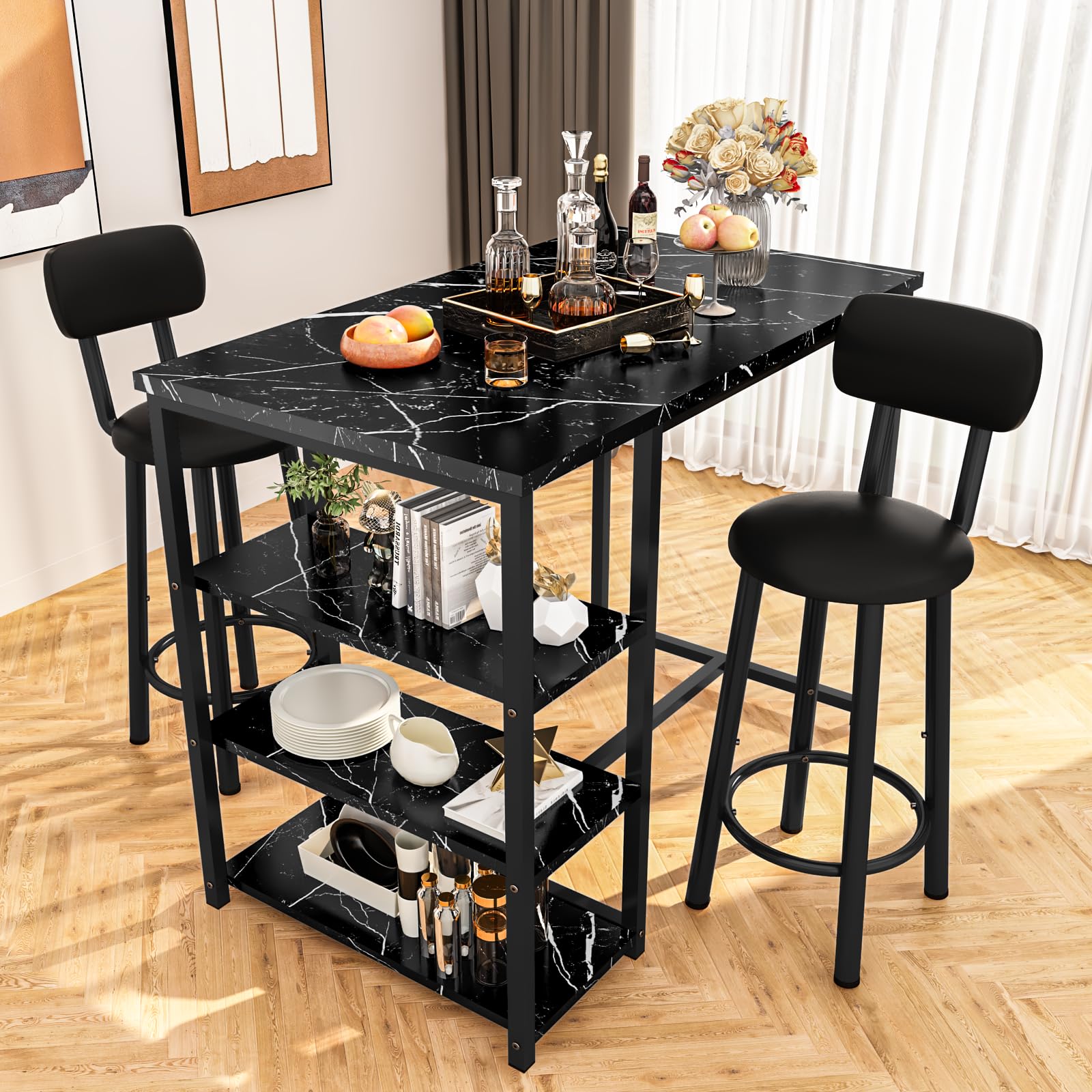 2-Piece Counter Height Pub Table Set with 2 PU Leather Bar Stools & 3 Storage Shelves - Small Space Dining Solution for Kitchen, Bar or Apartment | Perfect for Entertaining, Breakfast Nook & Compact Living Spaces