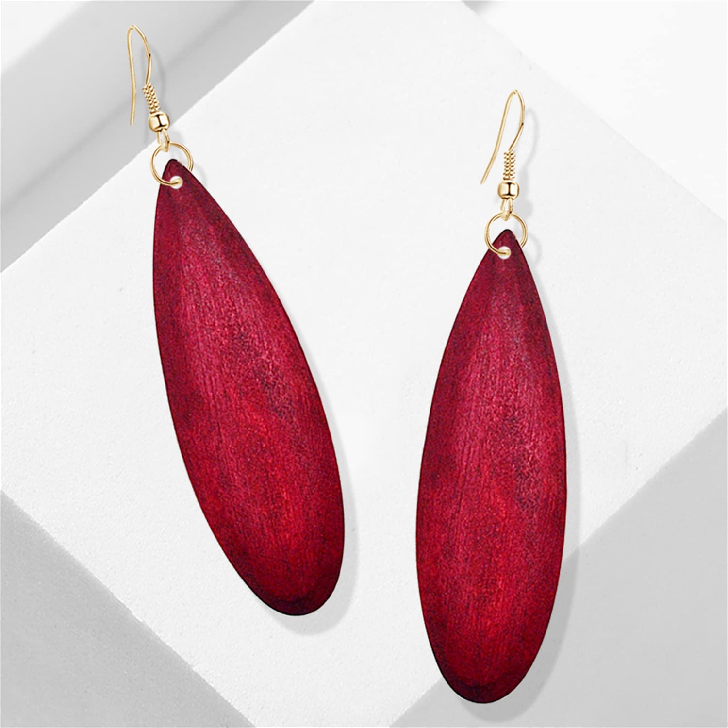 Bohemian Retro Black Brown Natural Wooden African Teardrop Dangle Drop Earrings - Lightweight Handmade Vintage Wood Geometric Earrings for Women (Red) | Perfect for Festivals, Boho Outfits & Casual Wear