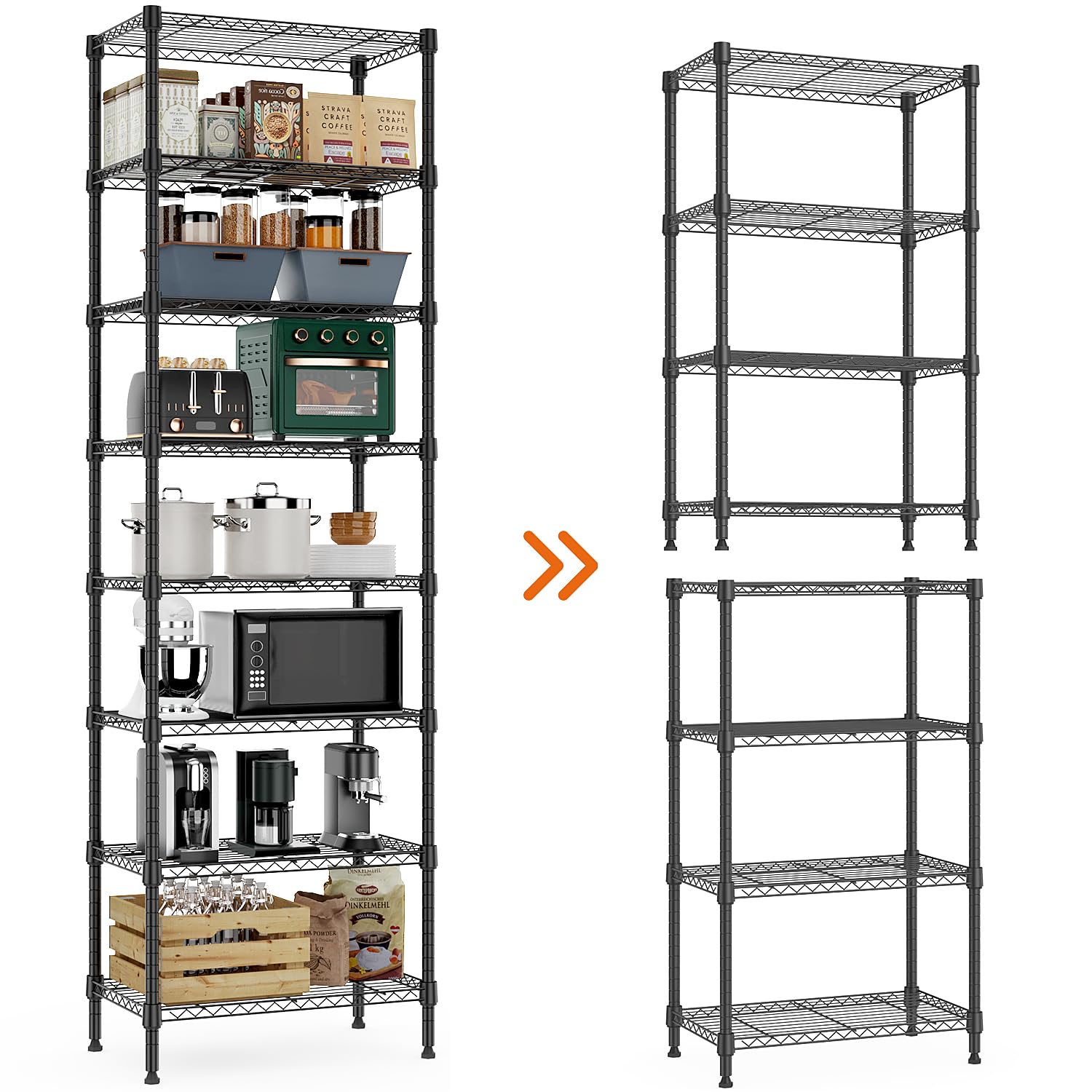 MZG 8-Tier Heavy Duty Metal Wire Shelving Unit - 2000 lbs Capacity Storage Rack for Laundry, Bathroom, Kitchen, Pantry, Closet, Garage & Basement - Black Standing Shelf Organizer (13.8