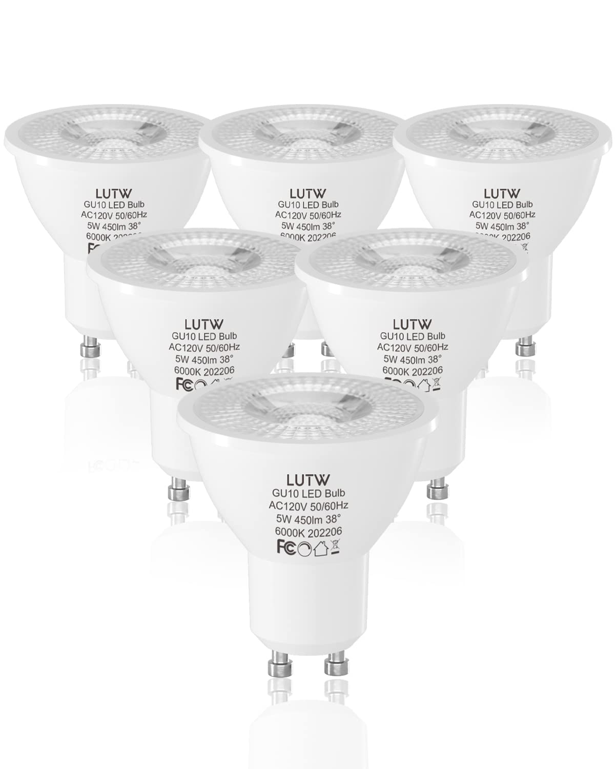Dimmable GU10 LED Light Bulbs - 6 Pack, 40W Halogen Equivalent, 6000K Cool White, 450 Lumen MR16 Spotlights with 38° Beam Angle | Perfect for Recessed & Track Lighting in Homes, Offices, and Retail Stores