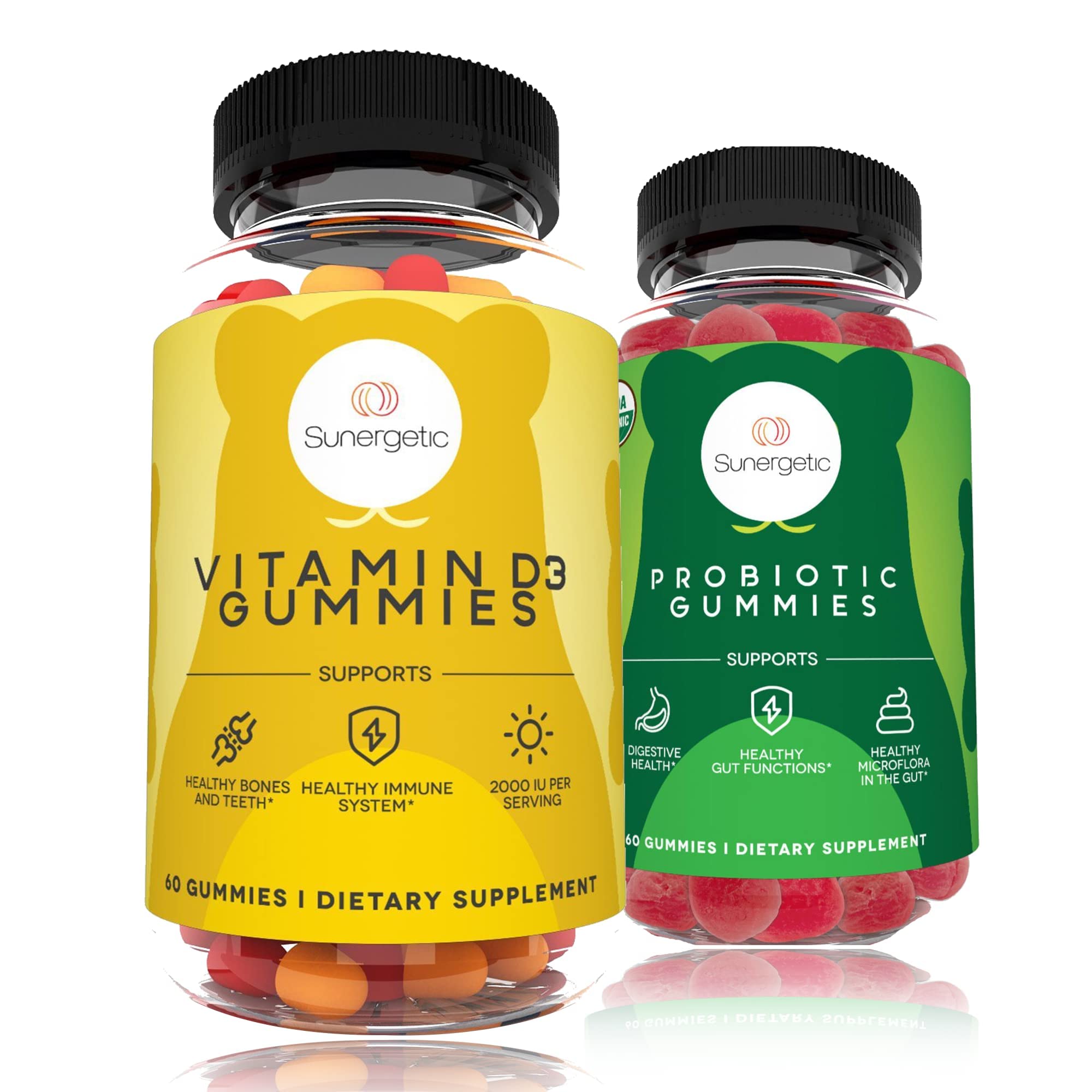 Sunergetic Vitamin D3 & Probiotic Gummies - 60 Count Each - Immune Support, Digestive Health, Muscle & Teeth Strength - Delicious Berry Flavor Chewable Supplement for Adults & Kids - Perfect for Daily Wellness Routine & Travel