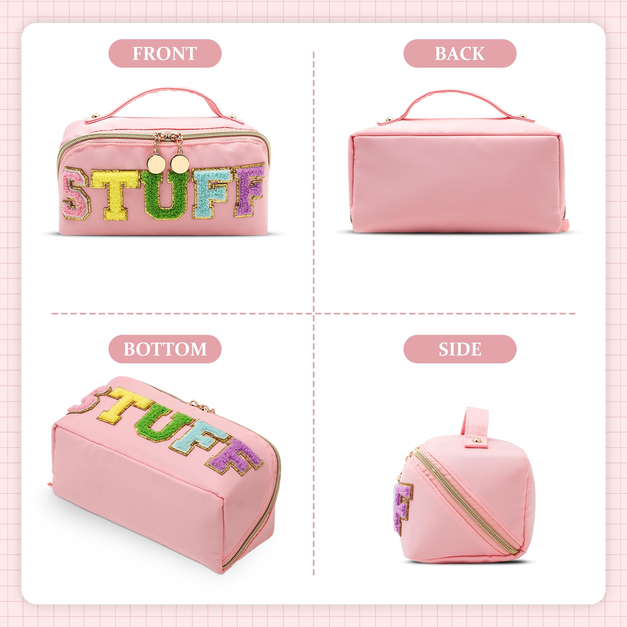 Stoney Clover Preppy Makeup Bag - Large Capacity Travel Cosmetic Organizer with Chenille Letters | Pink Nylon Makeup Pouch for Girls & Women | Perfect for Travel, Gym, School & Daily Essentials Storage