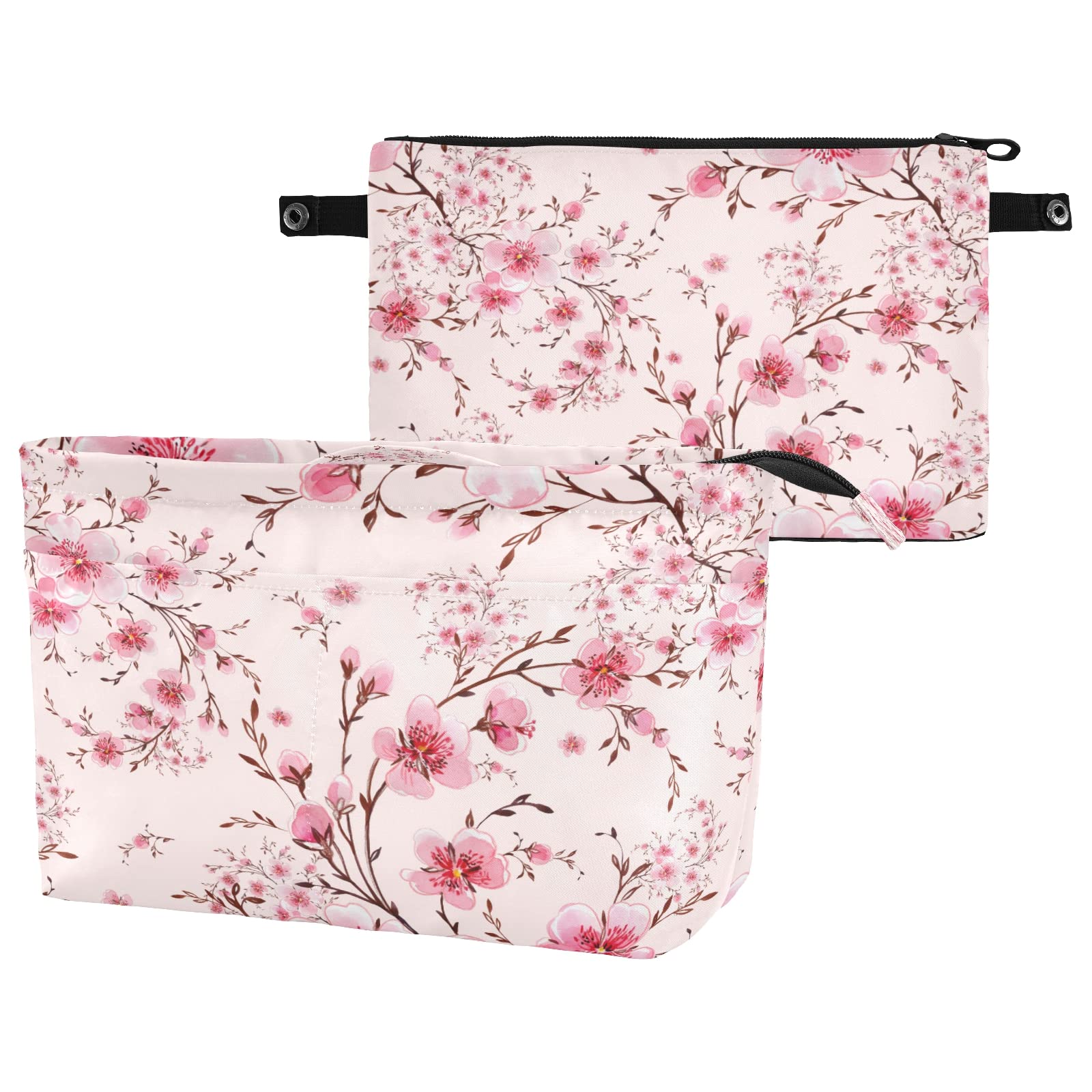 MNSRUU Purse Organizer Insert for Handbags - Pink Cherry Tree Tote Bag Organizer with Handle, Zipper & Multi-Pockets | Small Size | Perfect for Travel, Work & Daily Use