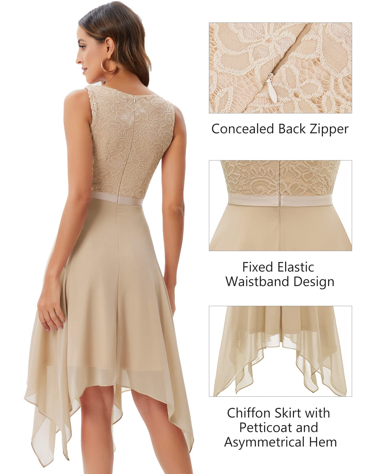 Meetjen Women's Elegant Lace Cocktail Party Dress 2025 | Handkerchief Hem Bridesmaid & Prom Formal Gown | Wedding Guest Dress for Evening Events, Cocktail Parties & Special Occasions