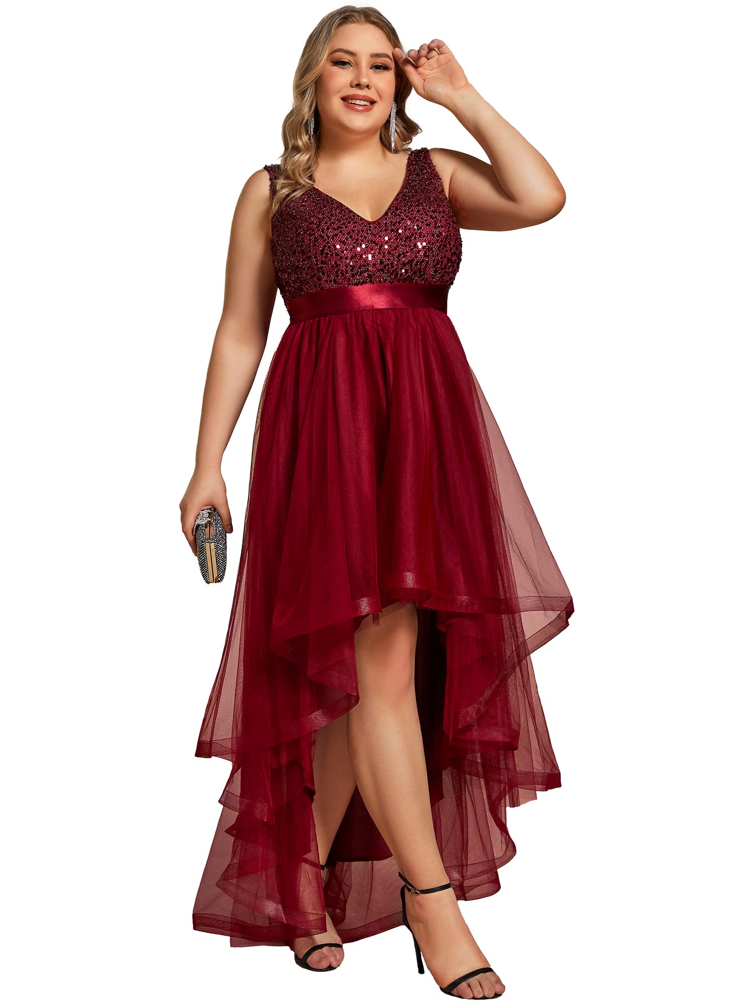 Ever-Pretty Women's Double V-Neck A-Line High-Low Sequin Tulle Plus Size Formal Dress for Curvy Women 0147A-DA | Elegant Evening Gown for Prom, Wedding Guest, Cocktail Party & Special Occasions