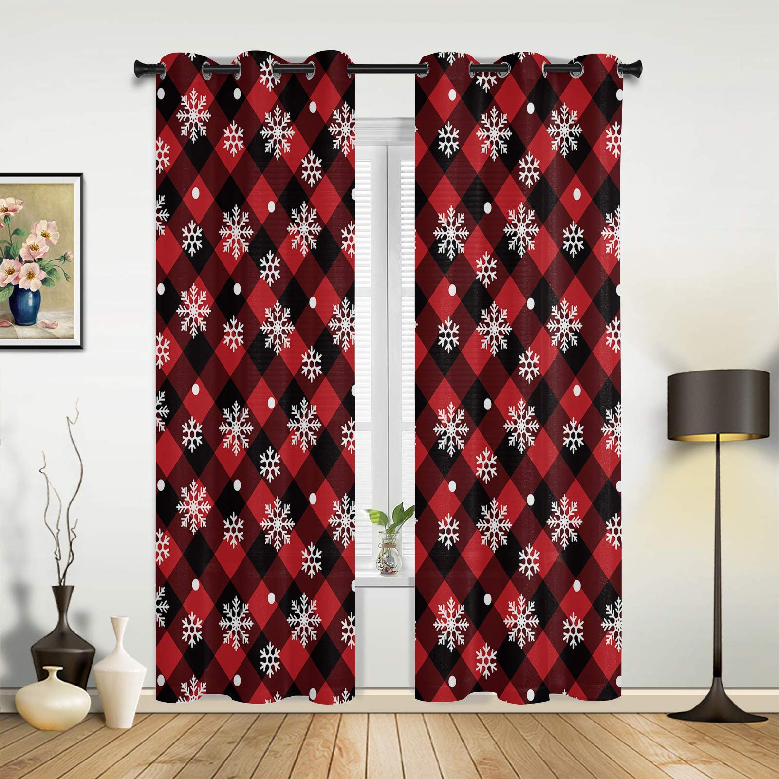 Christmas Snowflake Buffalo Plaid Sheer Curtains - Red & Black Window Treatment, 2 Panels Grommet Kitchen Tier Curtains 72 Inch Length for Living Room, Bedroom, Patio & Sliding Glass Door - Perfect for Holiday Decor & Winter Home Styling