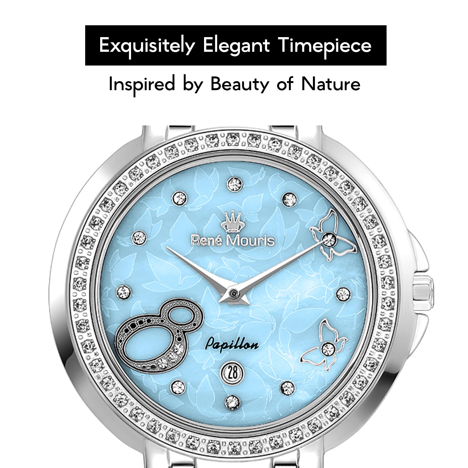 René Mouris Papillon Women's Luxury Watch - 36mm 316L Stainless Steel Case, Sapphire Coated Mineral Crystal, 50M Water Resistant with Stainless Steel Band | Elegant Dress Watch for Business, Party & Everyday Wear