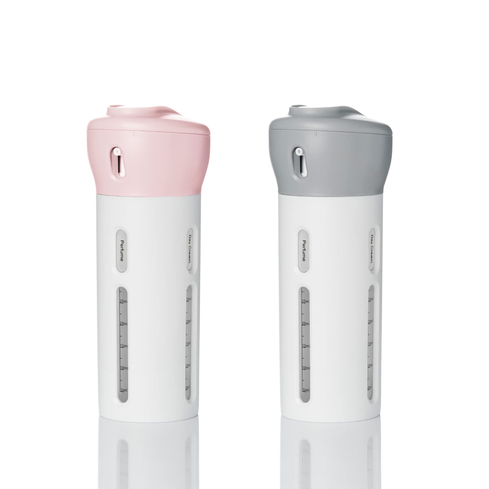 2 Pack 4 in 1 Travel Dispenser Bottles - Leak Proof TSA Approved Containers for Toiletries, Shampoo, Conditioner & Lotion - Perfect for Airplane Carry-on & Camping Trips (Pink & Gray)