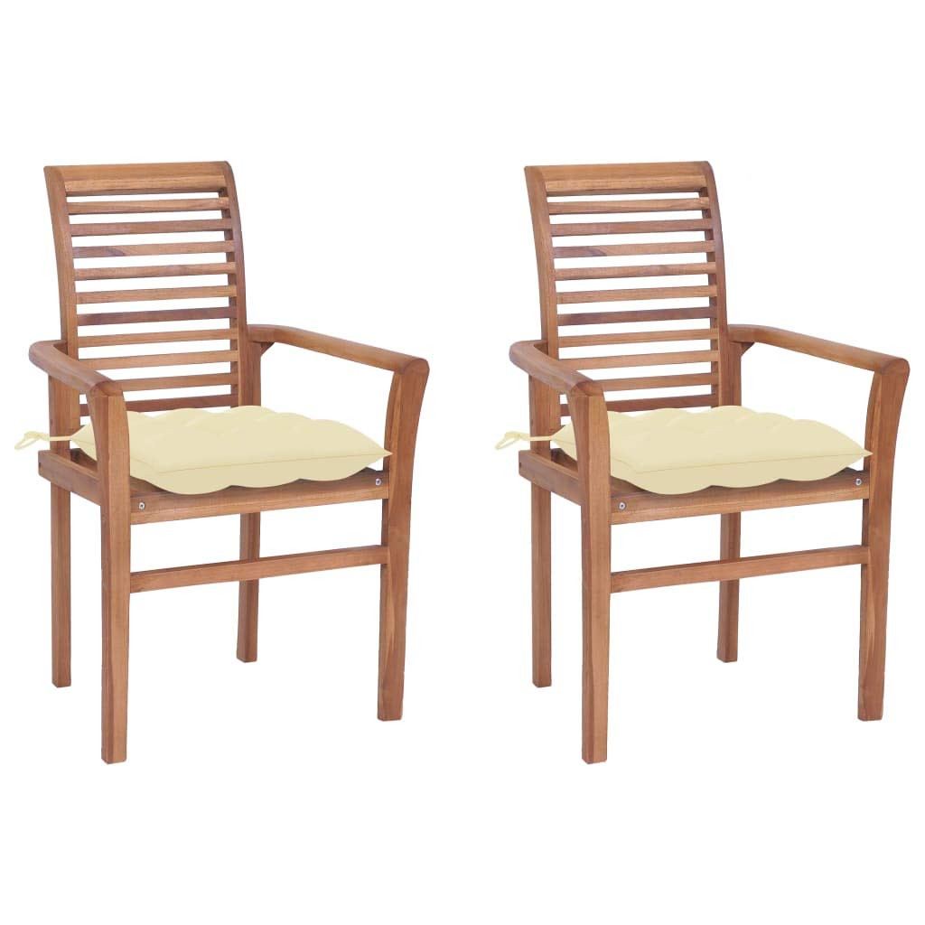 FAMIROSA Solid Teak Wood Dining Chairs Set of 2 with Cream White Cushions - Modern Kitchen & Dining Room Furniture for Home Decor