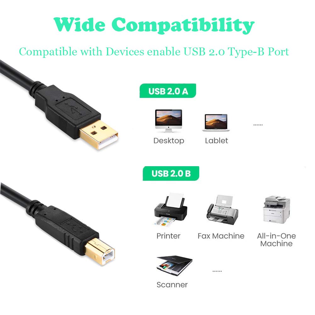 30ft USB 2.0 Printer Cable A Male to B Male - High Speed Scanner Cord for HP, Canon, Epson, Dell, Lexmark Printers - Durable Black 30 Foot USB A to B Cable for Office, Home & Business Use