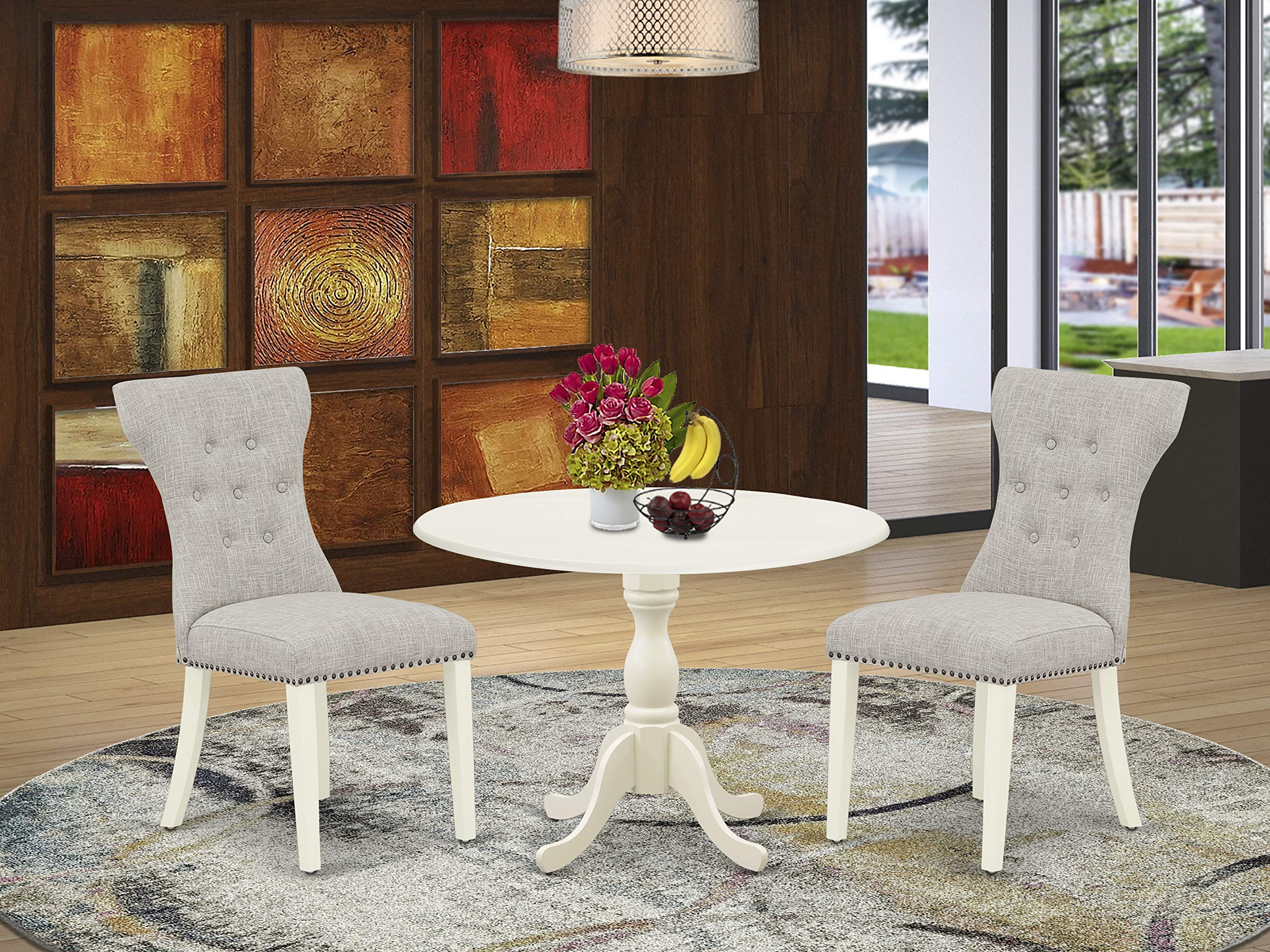 East West Furniture DMGA3-LWH-35 3-Piece Small Space Dinette Set with Round Drop-Leaf Table & 2 Doeskin Linen Parsons Chairs, 42x42 Inch, Linen White - Perfect for Apartments, Breakfast Nooks & Cozy Dining Areas