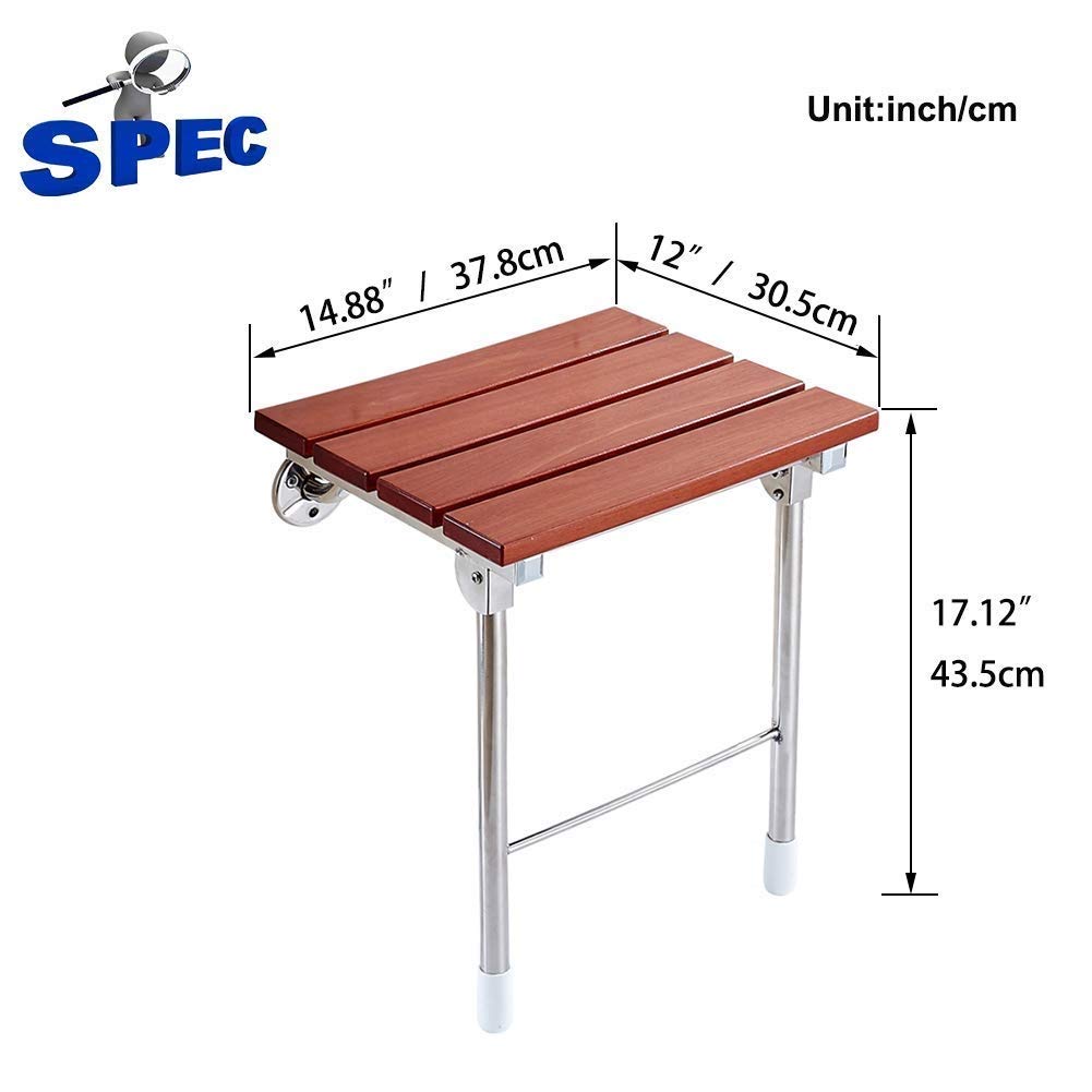 DLT Folding Shower Stool Seat - Wall Mounted Bathroom Safety Chair for Elderly & Disabled, Solid Wood with Steel Support Legs (350 Lbs Capacity), 14.88