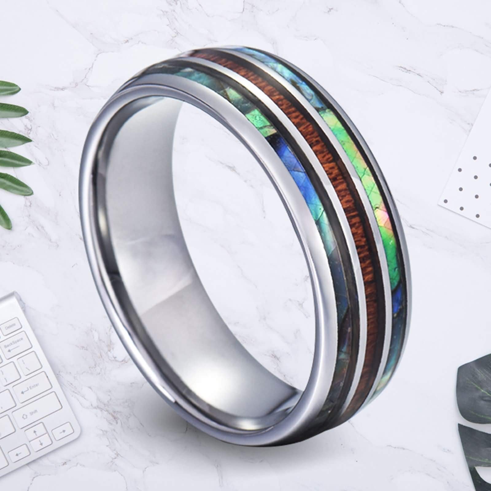 Tungsten Engagement Ring for Men - 8MM Abalone & Wood Inlay, Personalized Silver Band, Sizes 6-14 - Perfect for Proposals, Weddings & Anniversary Gifts
