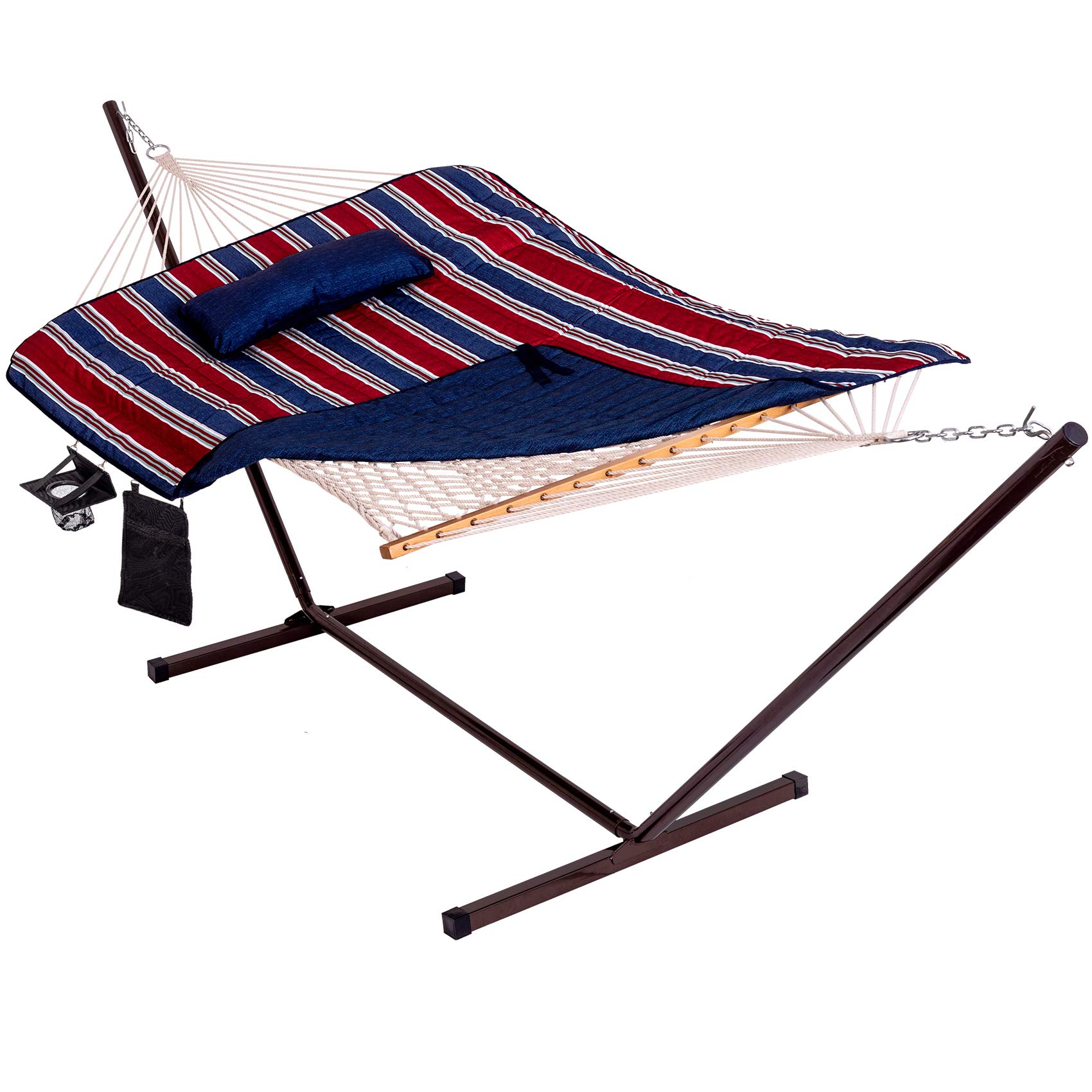 Best Double Hammock with Stand - 12 ft Steel Frame, 2 Person Cotton Rope Hammock with Quilted Pad & Accessories (Red/Navy Stripes) - Perfect for Backyard Relaxation, Camping & Beach Lounging
