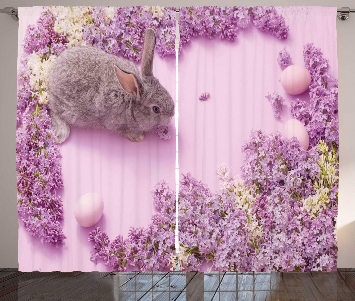 Ambesonne Easter Bunny Curtains - Grey Easter Rabbit with Lilac Floral Design, Spring Window Drapes for Living Room & Bedroom, 2 Panel Set 108