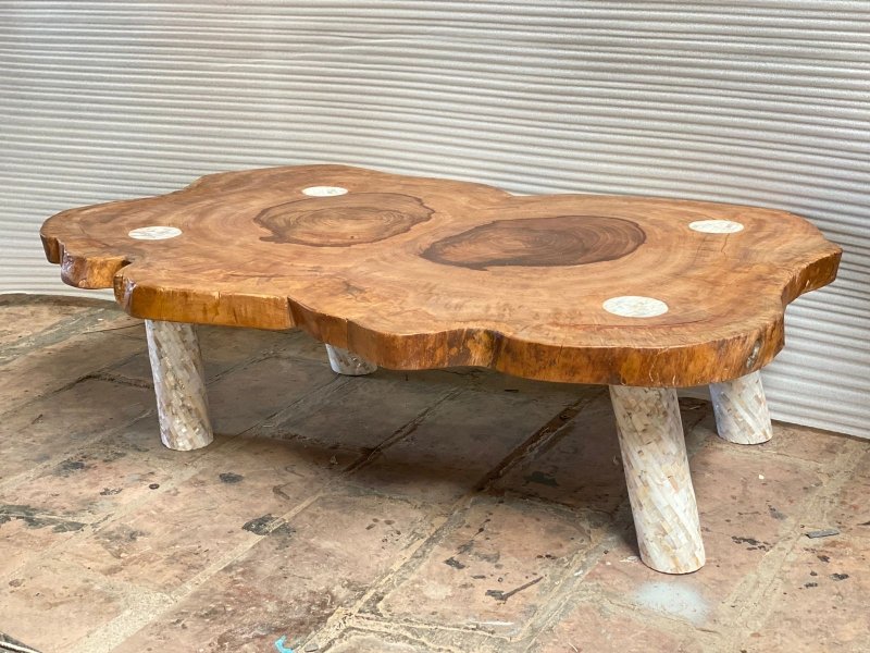 Handmade Live Edge Natural Wood Coffee Table with Mother of Pearl Legs - Rustic Modern Home Decor for Living Room, Lounge & Office