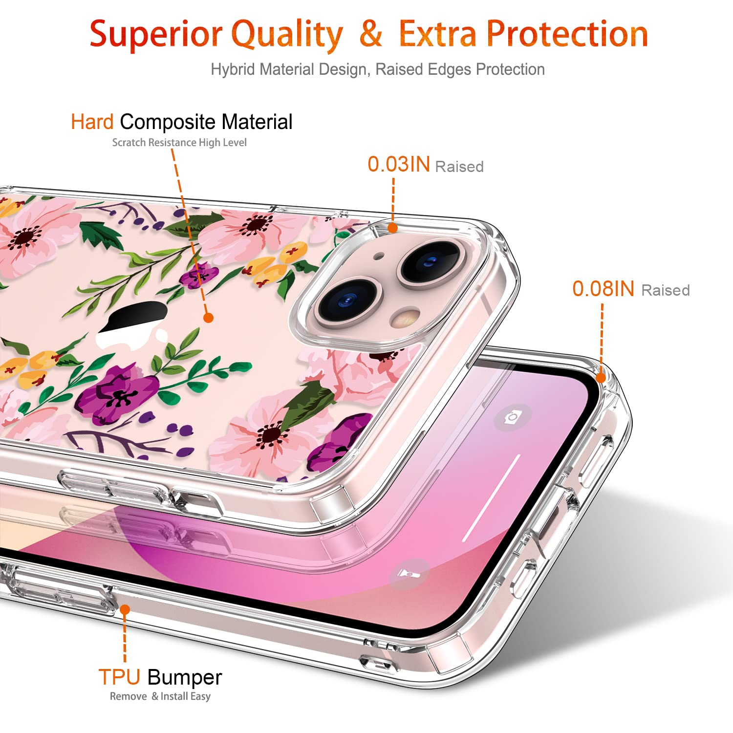 GiiKa Clear Shockproof iPhone 13 Mini Case with Screen Protector - 5.4 Inch Full Body Protection, Floral Design TPU Bumper Hard Cover for Women & Girls - Perfect for Everyday Use, Work, and Travel