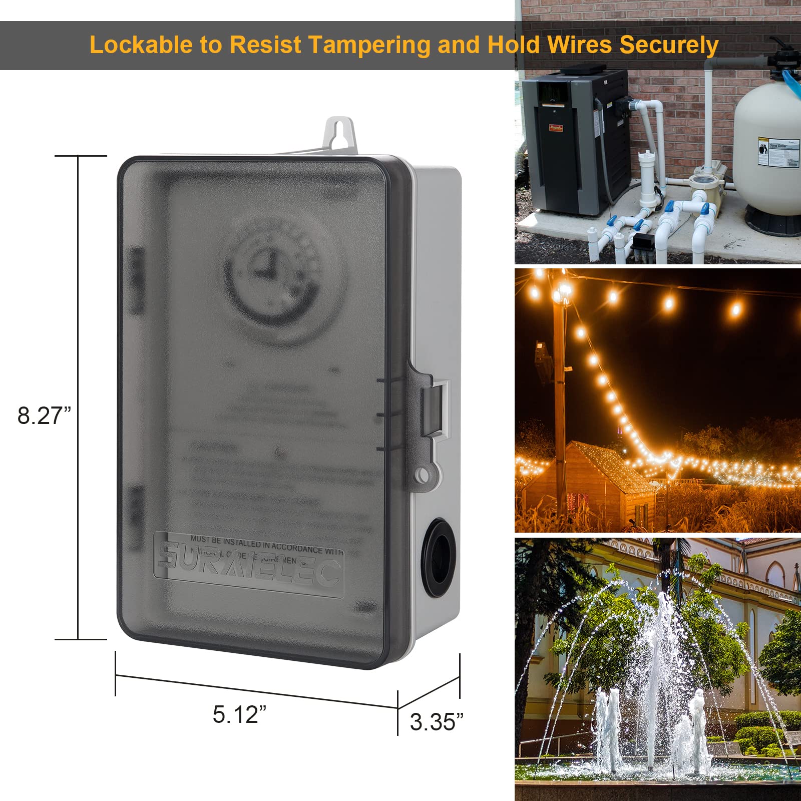 SURAIELEC 24-Hour Mechanical Pool Timer Switch - 40 AMP, 2HP, 120/240/277V Heavy Duty Outdoor/Indoor Controller for Pool Pump, Water Heater, Spa & Appliances | Perfect for Automatic Pool Maintenance & Energy Savings
