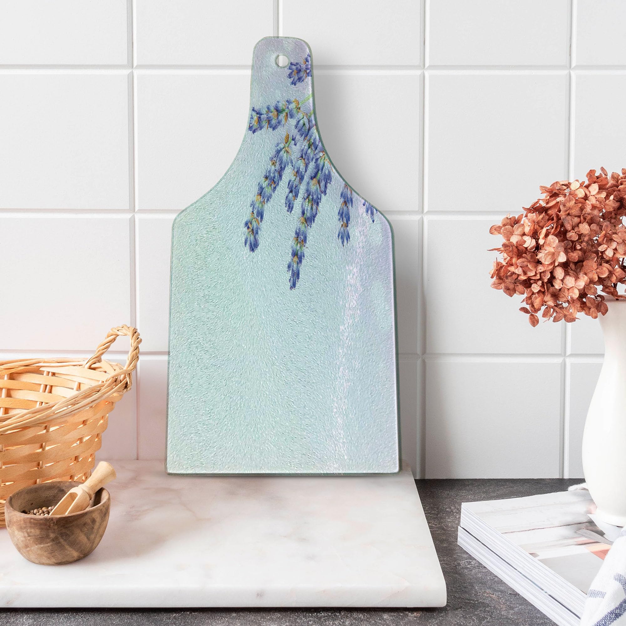 Ambesonne Lavender Tempered Glass Cutting Board - Wine Bottle Shape with Aromatherapy Print, Decorative Serving Board for Kitchen, Spa & Home Decor (Lavender Lilac Green) | Perfect for Charcuterie, Cheese Display & Wine Pairing