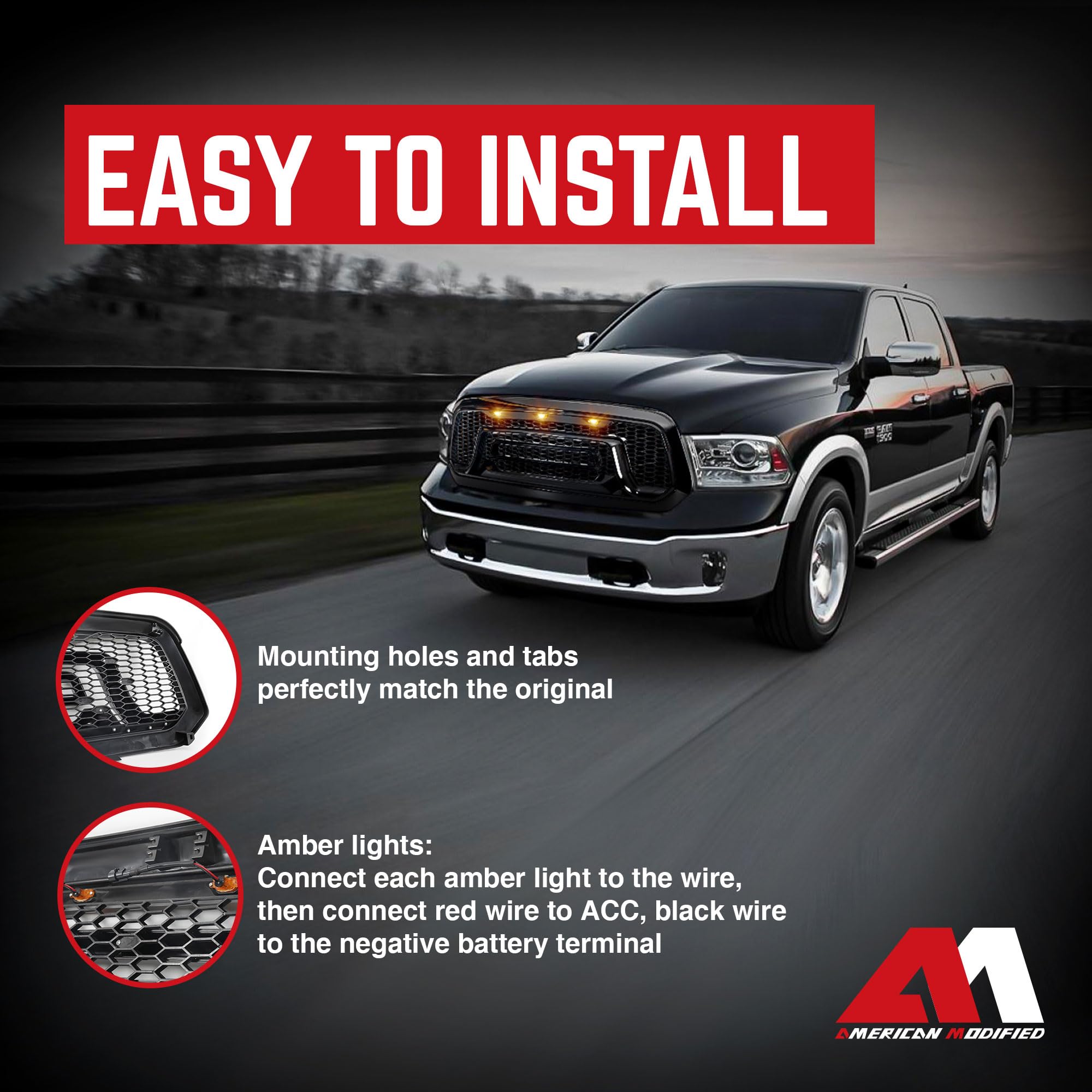 AMERICAN MODIFIED Front Grille Replacement for 2013-2018 Dodge Ram 1500 | Glossy Black Truck Grill with Amber LED Lights | Perfect for Off-Roading & Custom Truck Upgrades