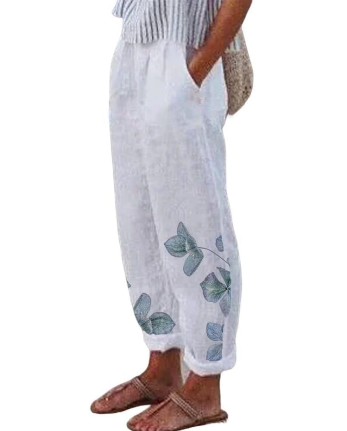 Women's Costa Rican Cotton Linen Pants - Elastic Waist Floral Print Cropped Trousers with Pockets | Casual Summer Beach Wear, Vacation Outfit & Boho Chic Style
