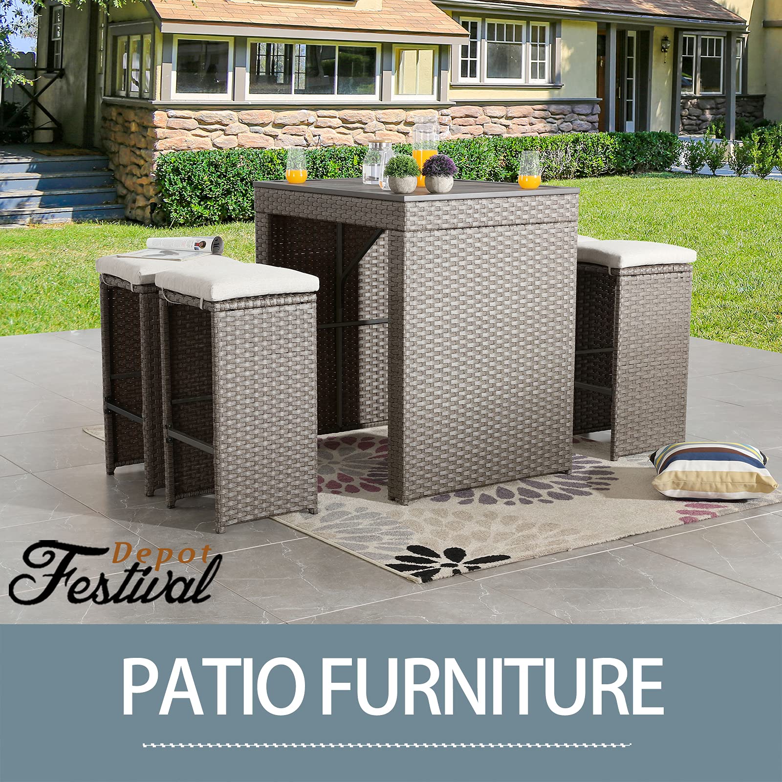 5-Piece Patio Bar Stool Set with Removable Cushions & Wooden Tabletop - Outdoor Wicker Furniture for Deck, Porch, Garden - Brown Rattan & Metal Frame - Perfect for Outdoor Dining, Entertaining & Relaxation