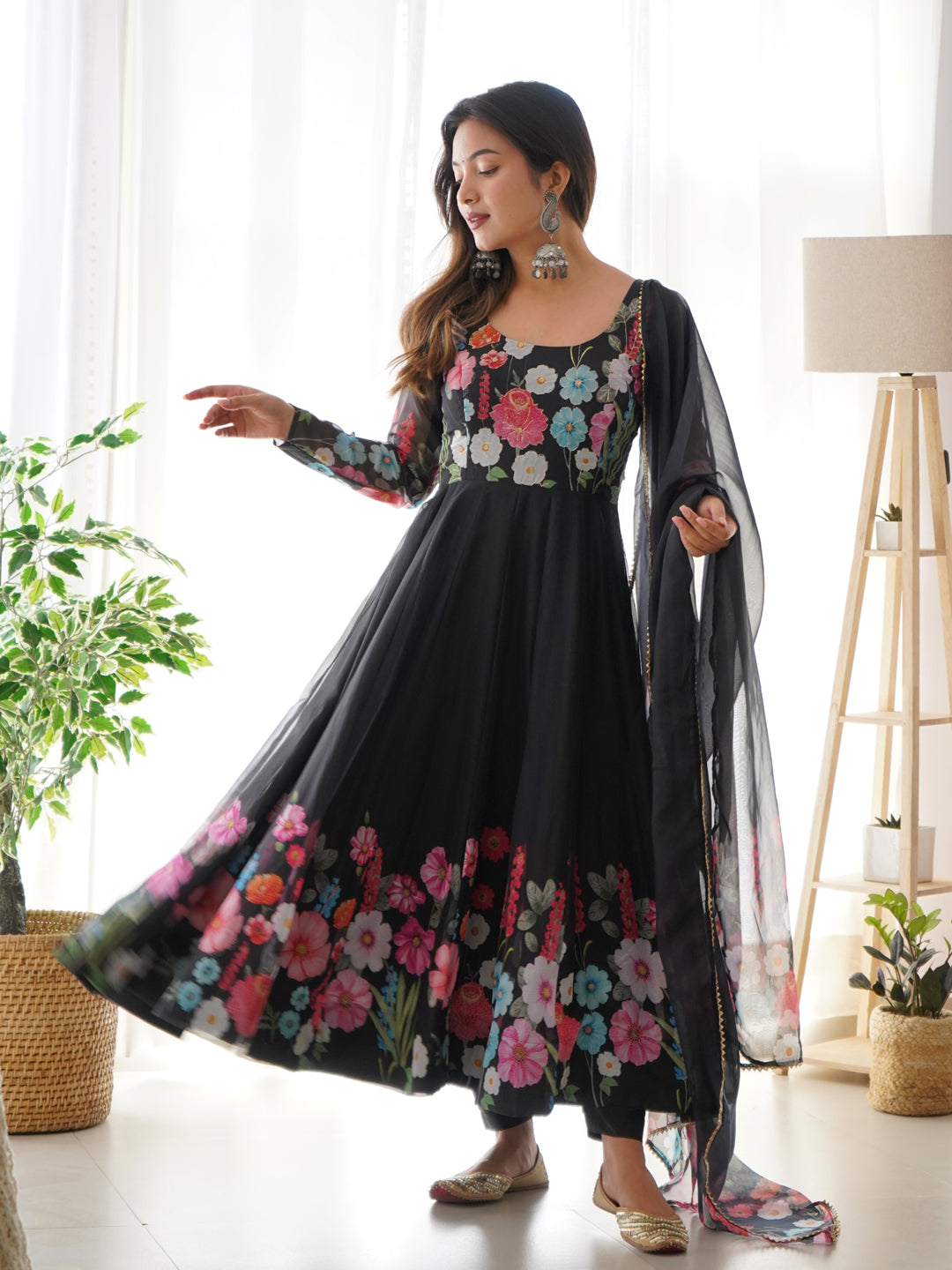 Black Designer Heavy Pure Soft Organza Silk Anarkali Dress With Hand Embroidery - Perfect for Weddings, Parties & Special Occasions