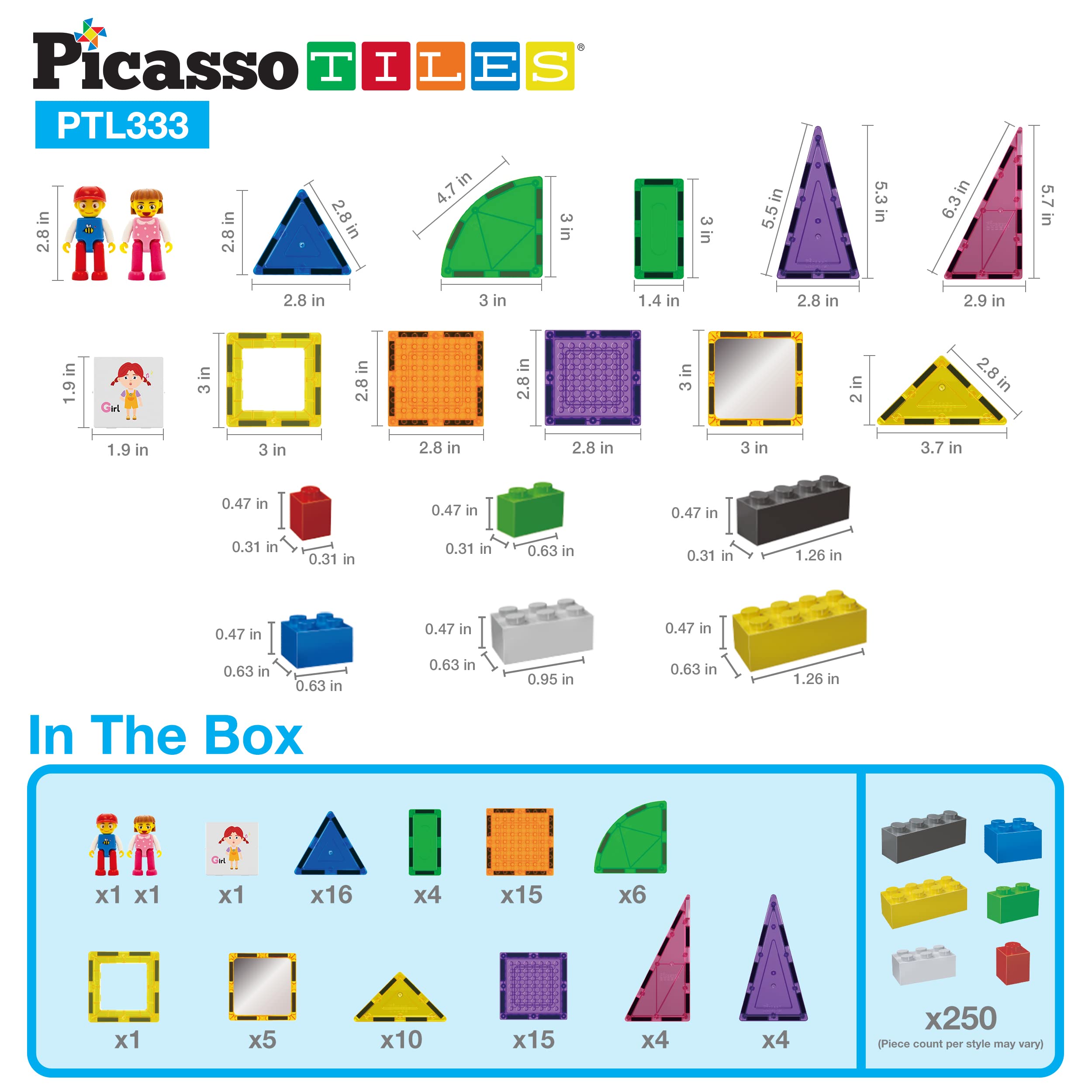 PicassoTiles 333-Piece Magnetic Building Blocks Set with 80 Diamond Tiles, 2 Cars & Action Figures – STEM Educational Toys for Kids, Creative Construction Play for Boys & Girls – Perfect for Classrooms, Playrooms & Birthday Gifts
