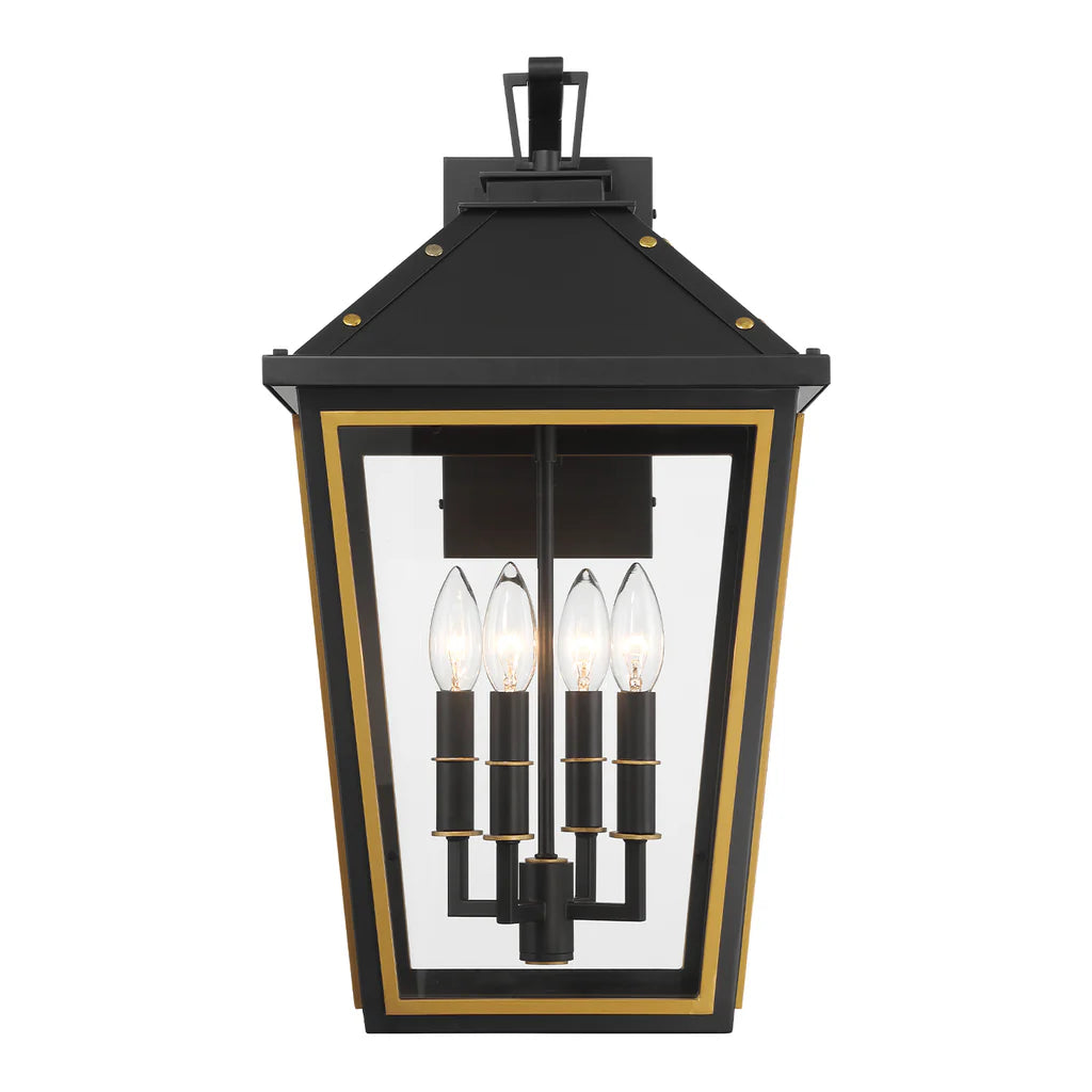 Hawkins 4-Light Outdoor Wall Sconce - 12x22.5 Inch Matte Black Stainless Steel with Textured Gold Finish & Glass Shade - 120V E12 Candelabra Base LED Bulb Compatible - Perfect for Patio, Garden, Porch, Exterior Walls & Entryway Lighting