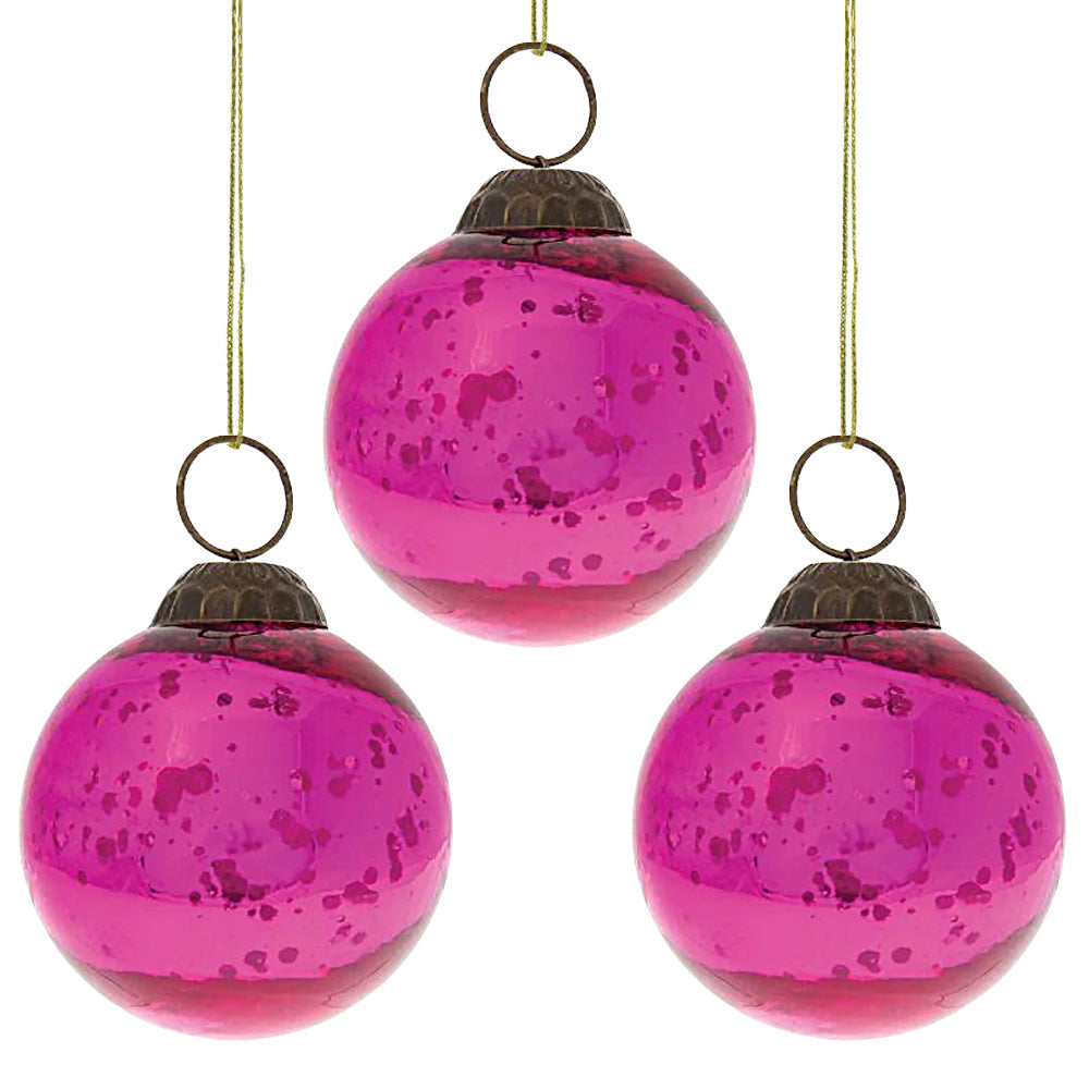 3 Pack Fuchsia Ava Mercury Glass Ball Ornaments - Elegant Christmas Tree Decorations for Holiday, Party & Home Décor