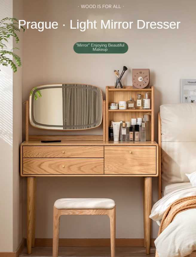 Solid Oak & Ash Wood Dressing Table with LED Lighted Makeup Mirror - Perfect for Bedroom Vanity, Makeup Application & Home Decor