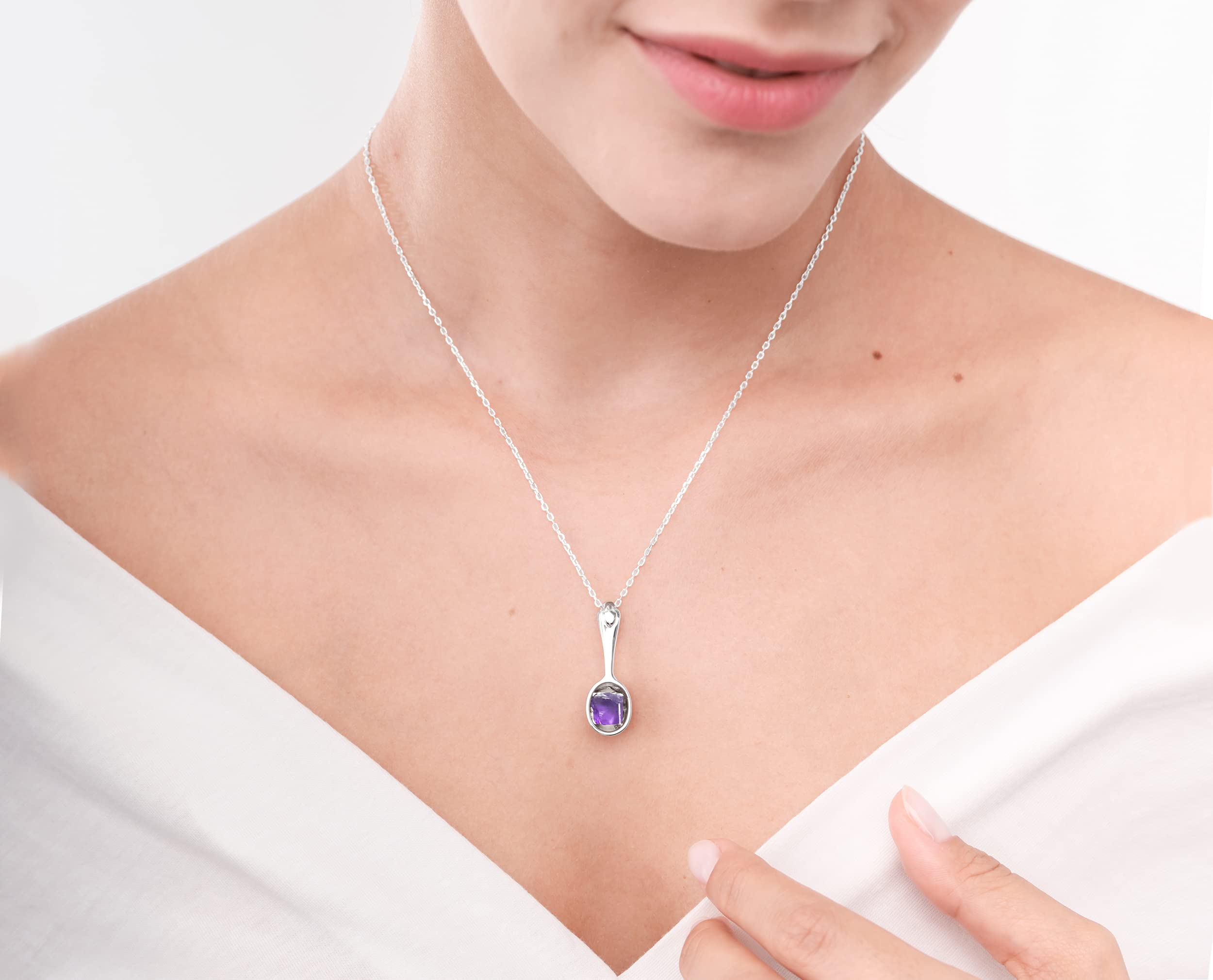 Raw Amethyst Silver Spoon Necklace - February Birthstone Rough Amethyst Pendant for Women - Minimalist Boho Jewelry - Perfect for Valentine's Day Gifts & Everyday Wear