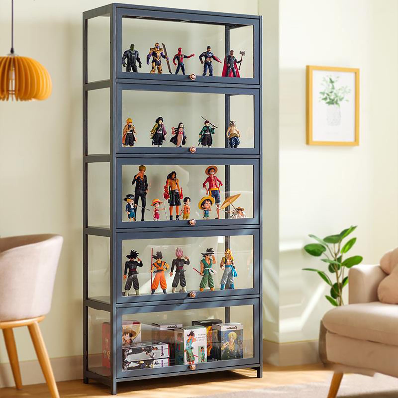Gray Glass Curio Display Cabinet with Acrylic Door - 80x106cm Large Collectibles Organizer Shelf for Toys, Figurines & Memorabilia - Perfect for Living Room, Office or Game Room Display