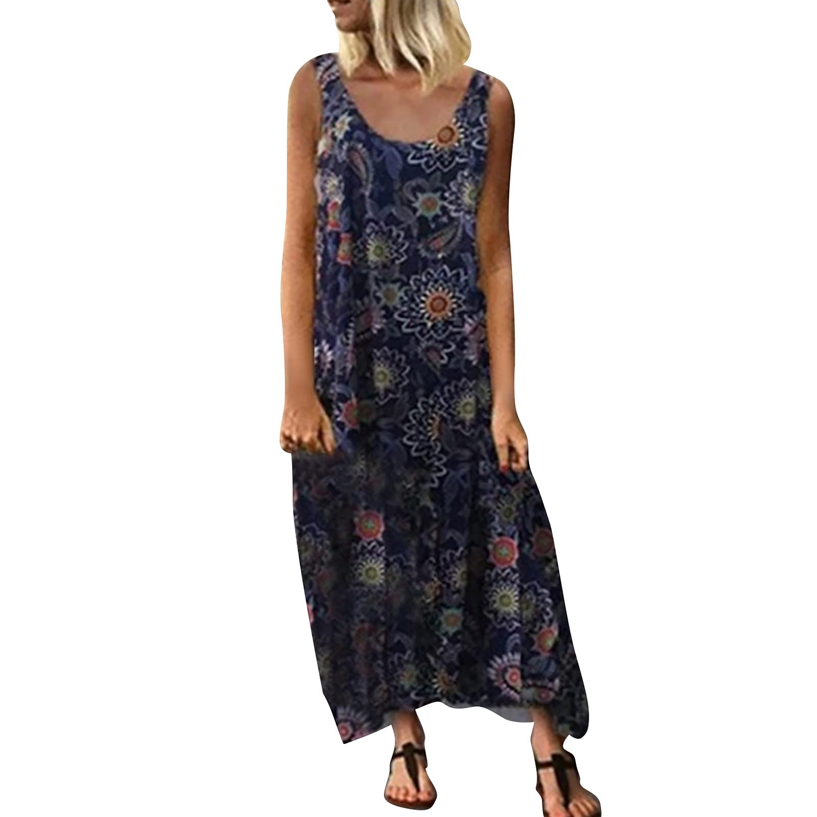 Women's Vintage Retro Print Casual Dress - Sleeveless Loose O-Neck Graduation Dress with Unique Irregular Hem | Perfect for Graduation Ceremonies, Summer Parties & Casual Outings