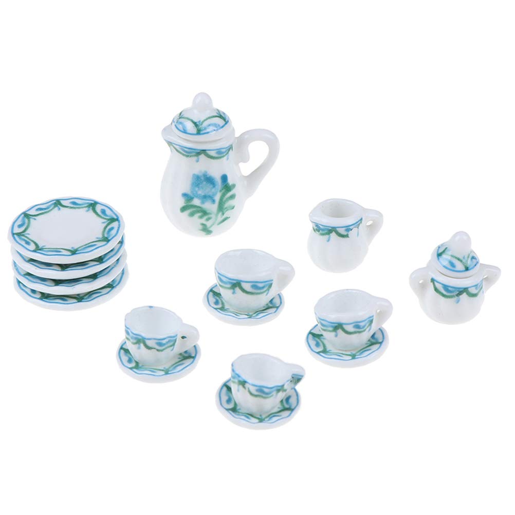 Eyomii 15-Piece Miniature Porcelain Dollhouse Tableware Set - Plates, Bowls, Tea Cups - Tiny Kitchen Accessories for Dollhouse, Fairy Garden, and DIY Miniature Scenes